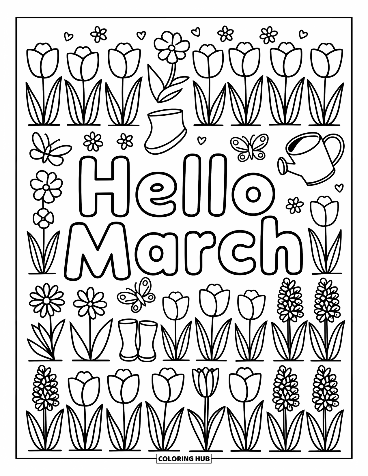 March Coloring Page for Adults: March garden rows bloom with flowers, butterflies, and cozy spring doodles
