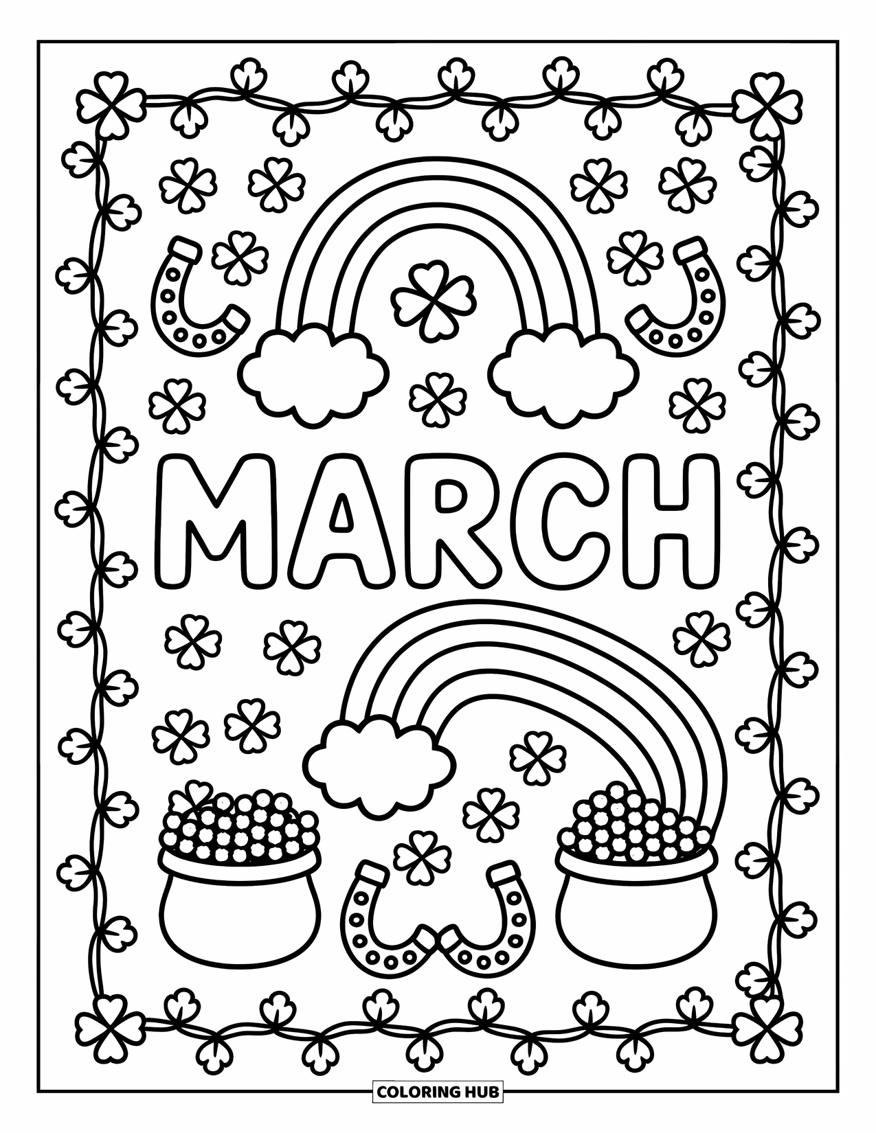 March Coloring Page for Adults: ìMarchî is centered with pots of gold, clovers, rainbows, and shamrocks all around