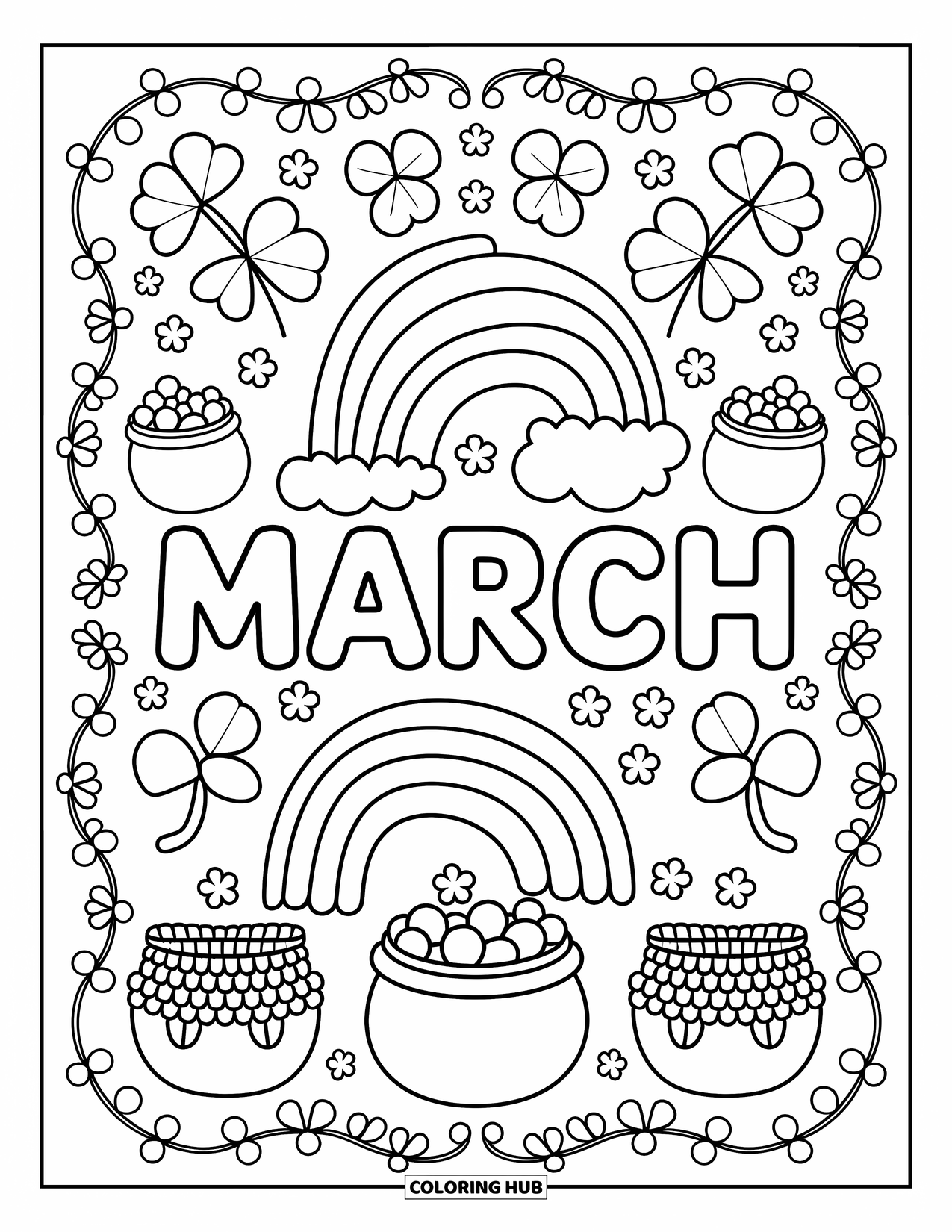 March Coloring Page for Adults: March title with horseshoes, clovers, and rainbows in a cozy, lucky-themed design