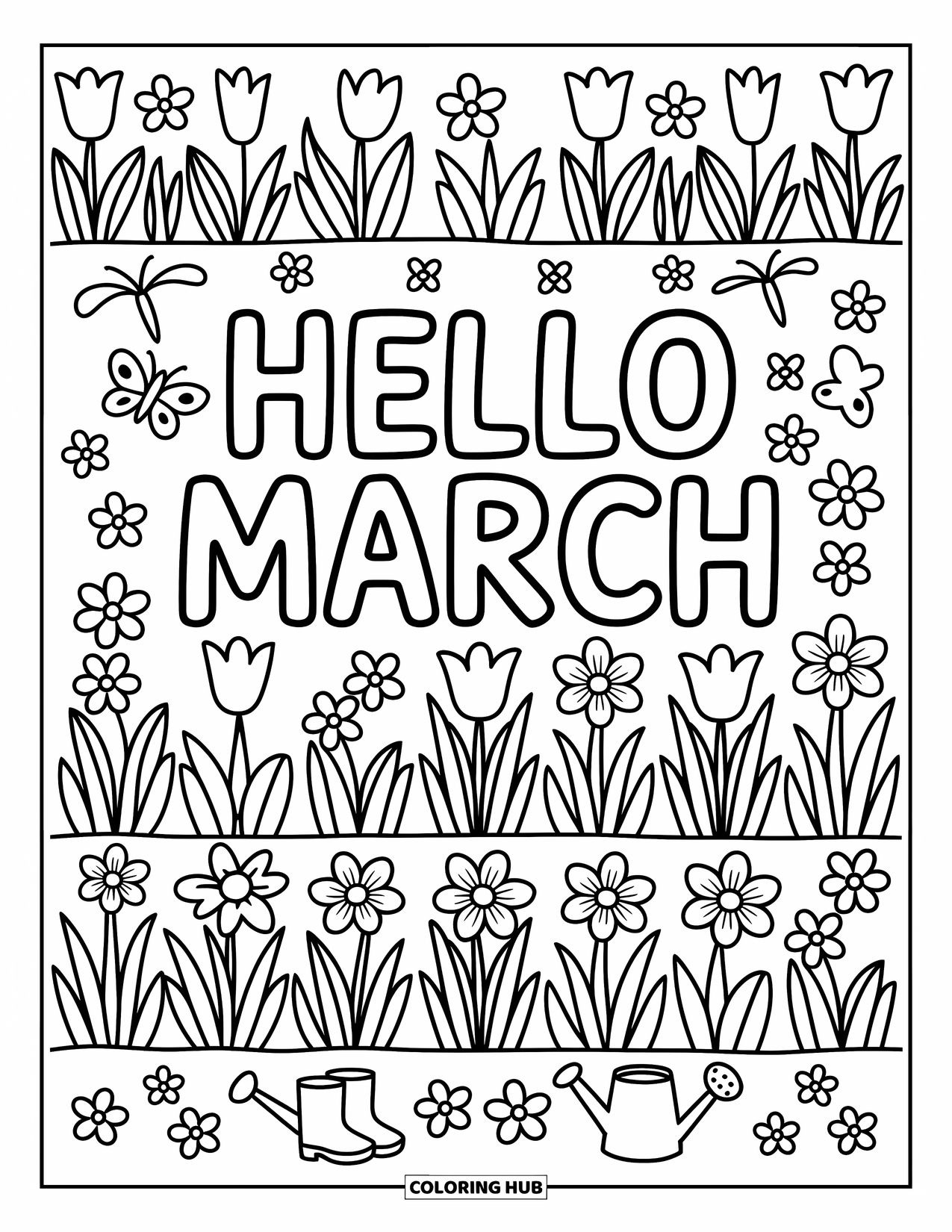 March Coloring Page for Adults: Rain boots and a watering can rest among March flowers and butterflies