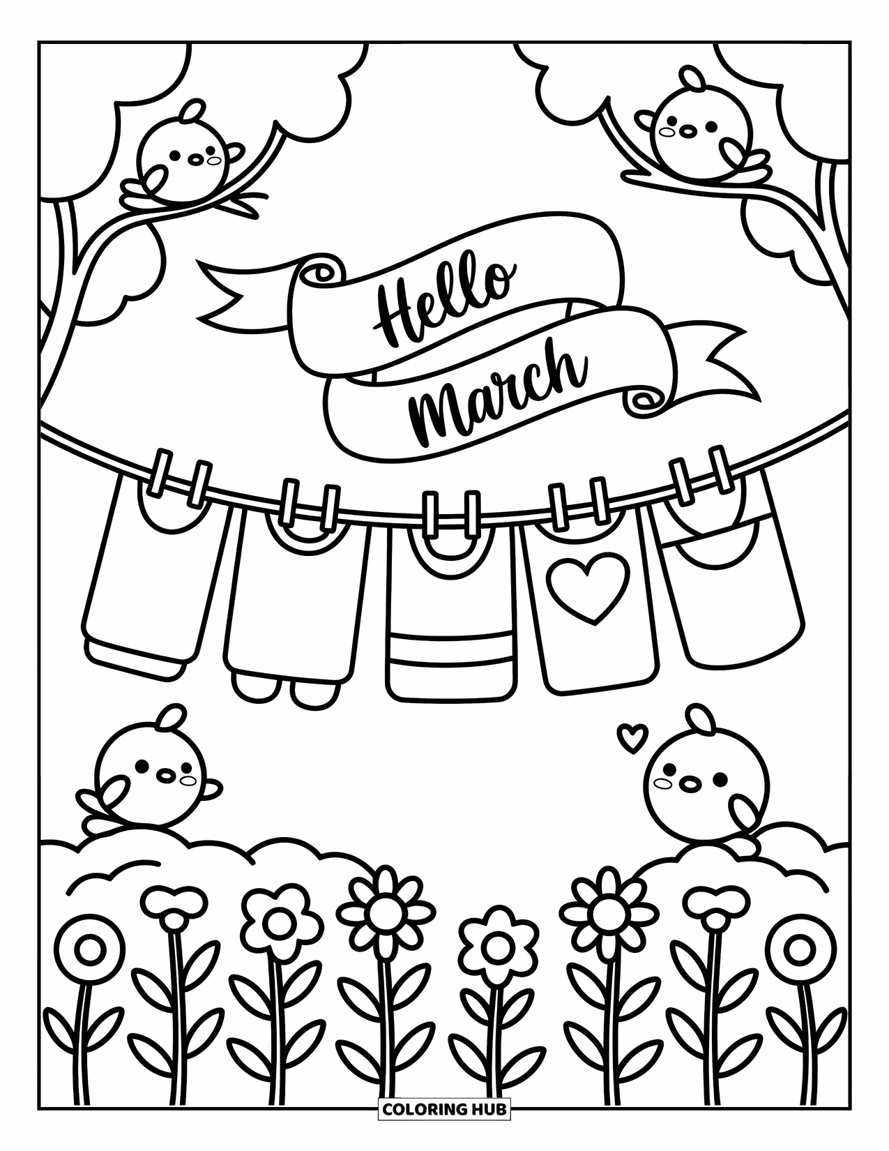 March Coloring Page for Adults: Soft breeze flows through a March banner and clothesline with birds and flowers