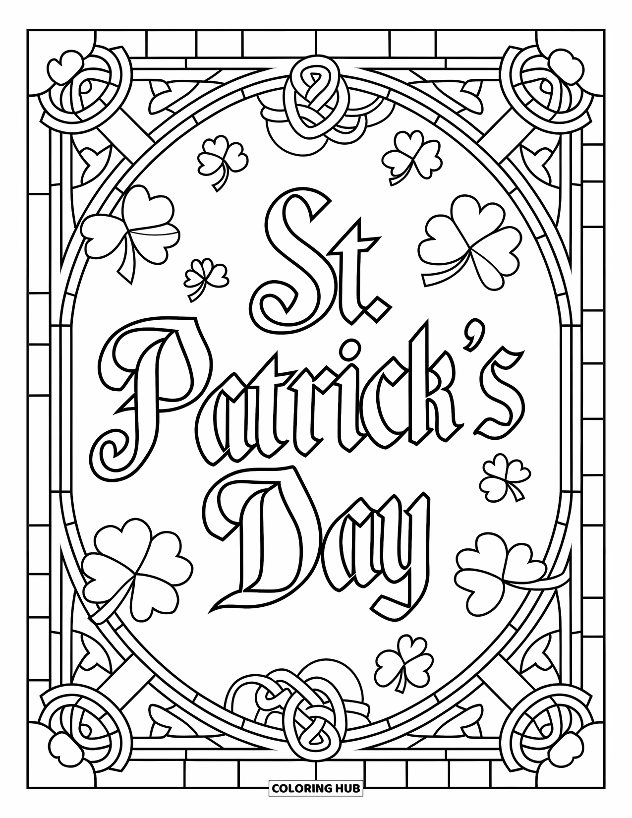 March Coloring Page for Adults: "St. Patrick's Day" shines in the center of a Celtic-inspired shamrock border