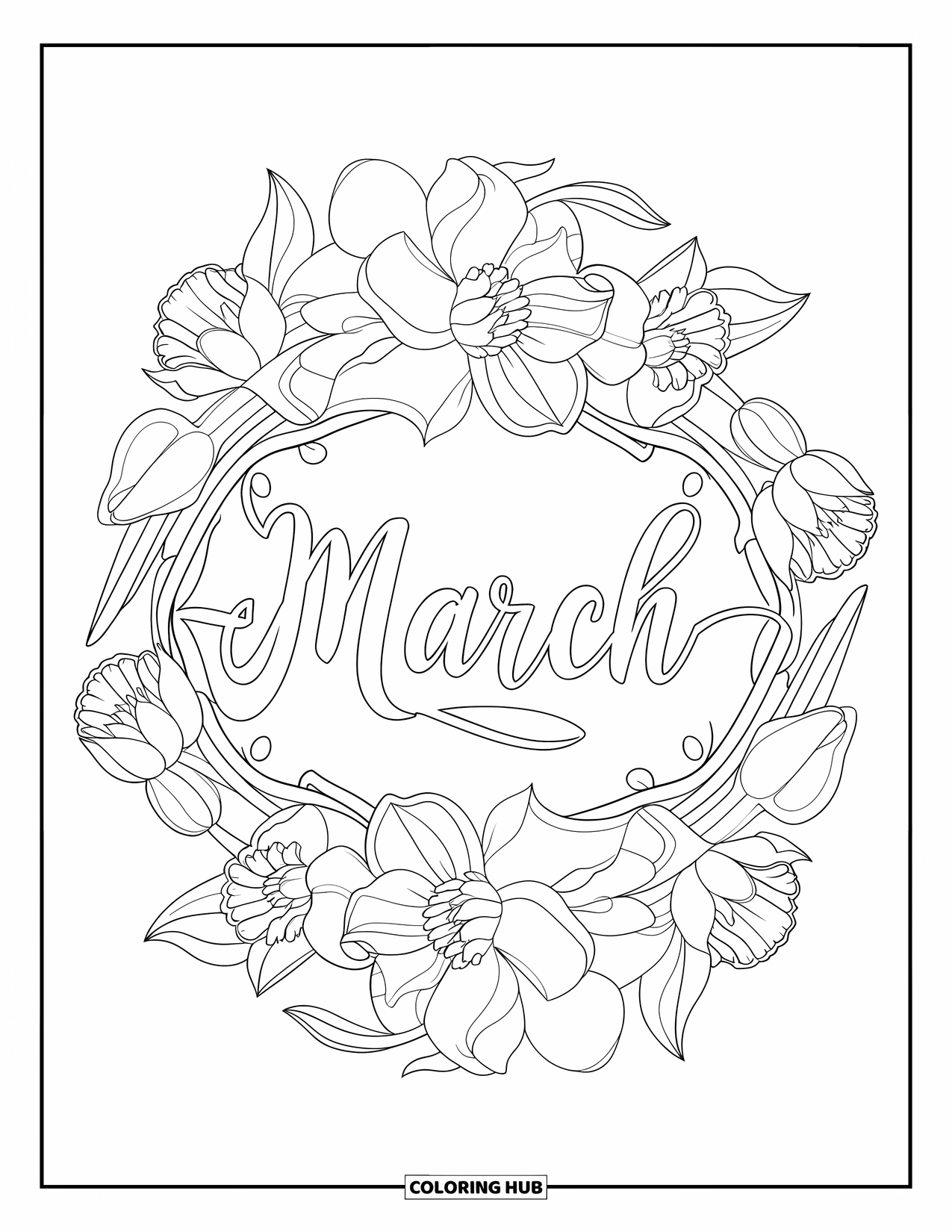 March Coloring Page for Adults: The word "March" in script is framed by tulips and daffodils in a floral mandala