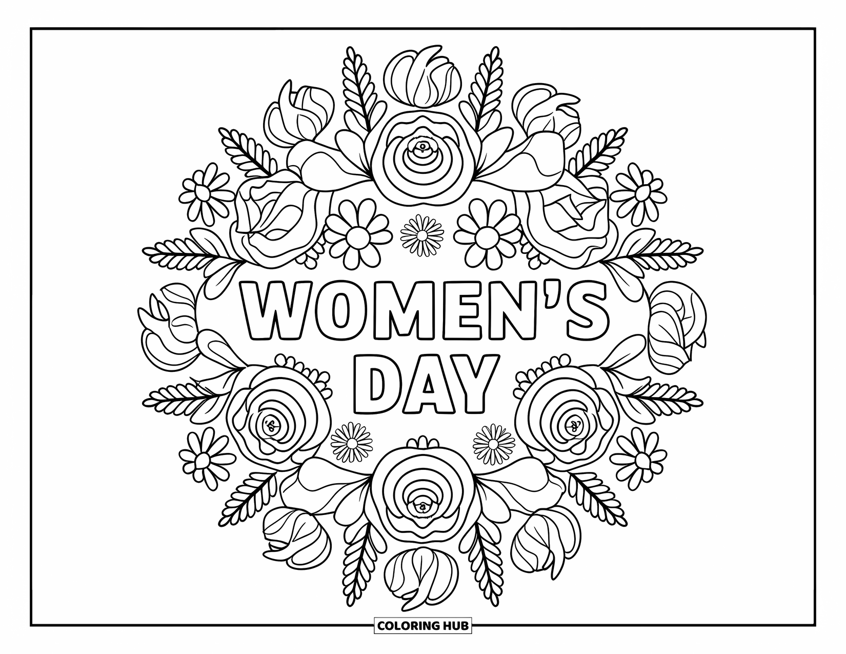 March Coloring Page for Adults: "Women's Day" sits at the center of a floral mandala with roses and daisies
