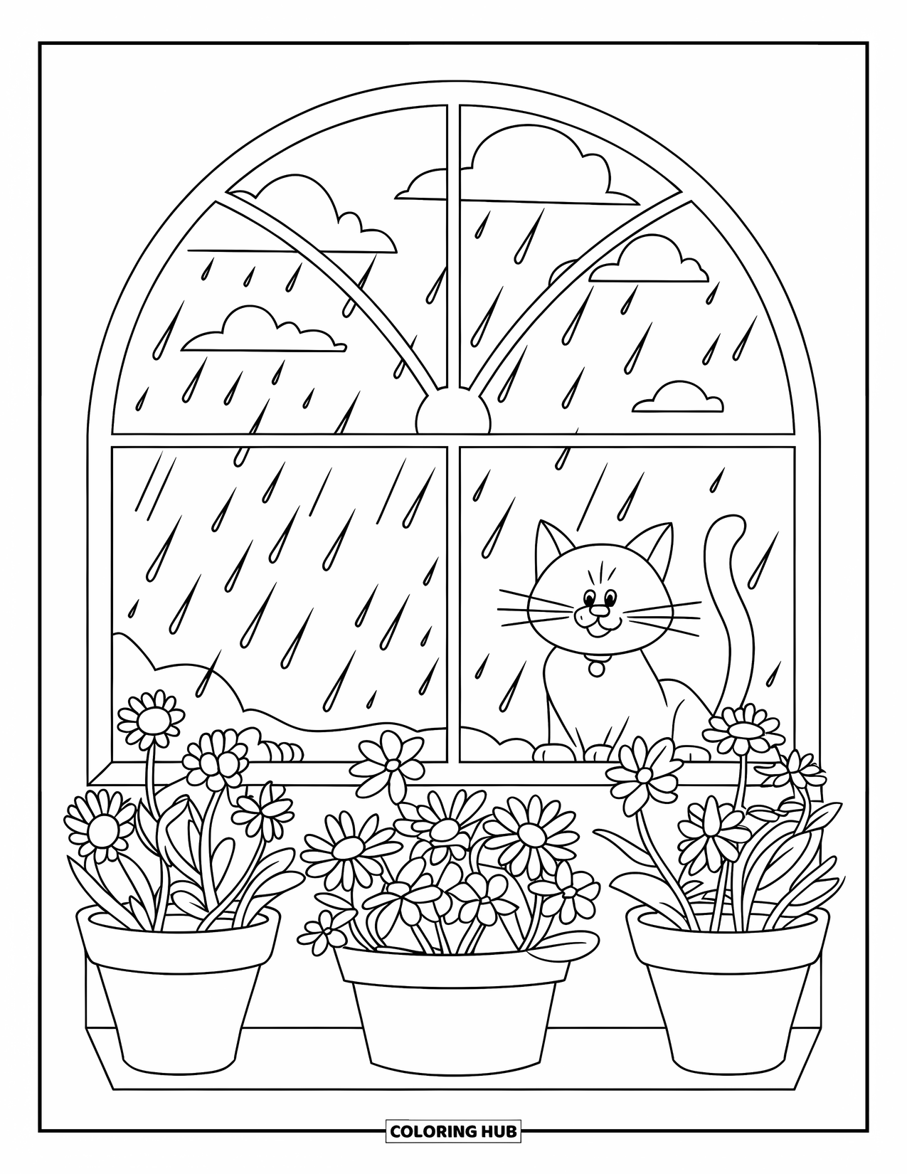 March Coloring Page for Kids: A cat sits by the window with rain outside and blooming pots inside
