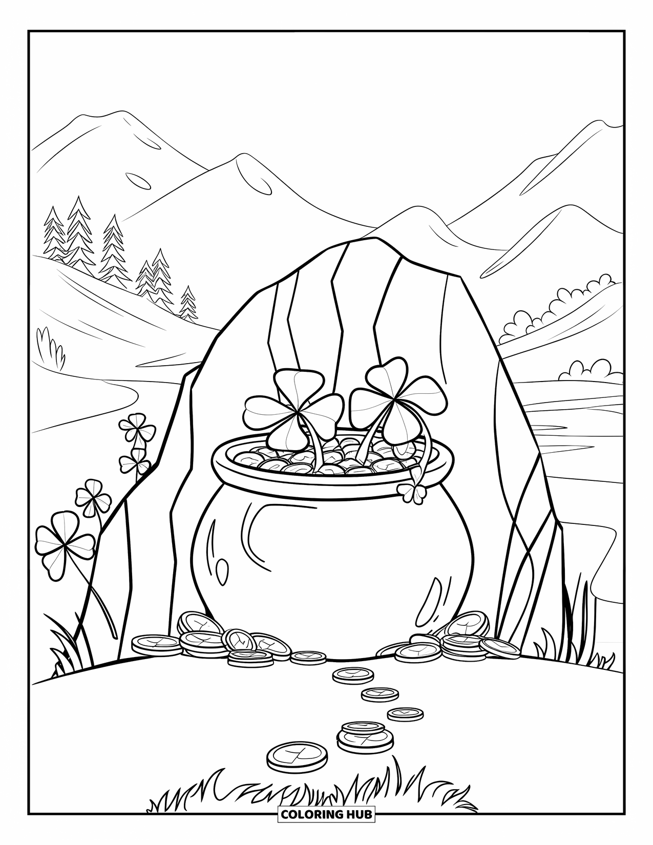March Coloring Page for Kids: A trail of coins leads to a pot of gold behind a rock
