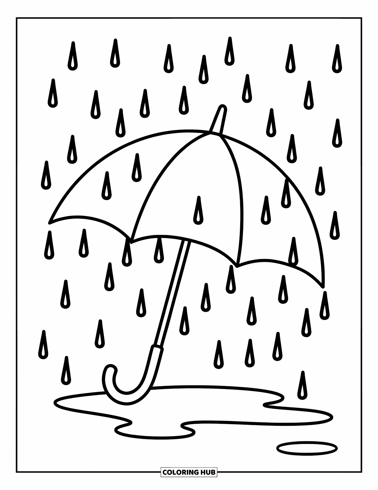 March Coloring Page for Kids: Big umbrella stands under light rain with a puddle below