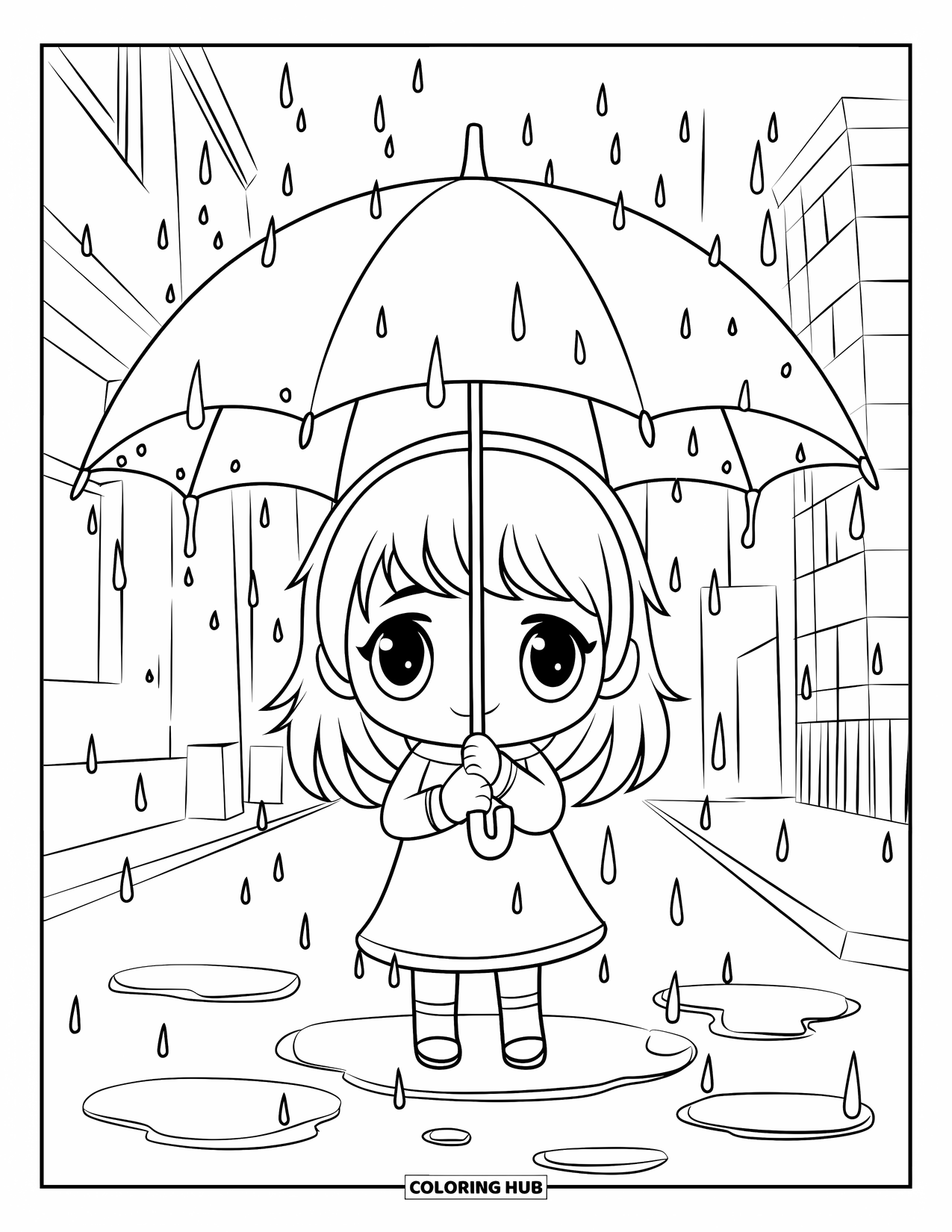 March Coloring Page for Kids: Chibi girl stands with umbrella in a rainy city filled with puddles