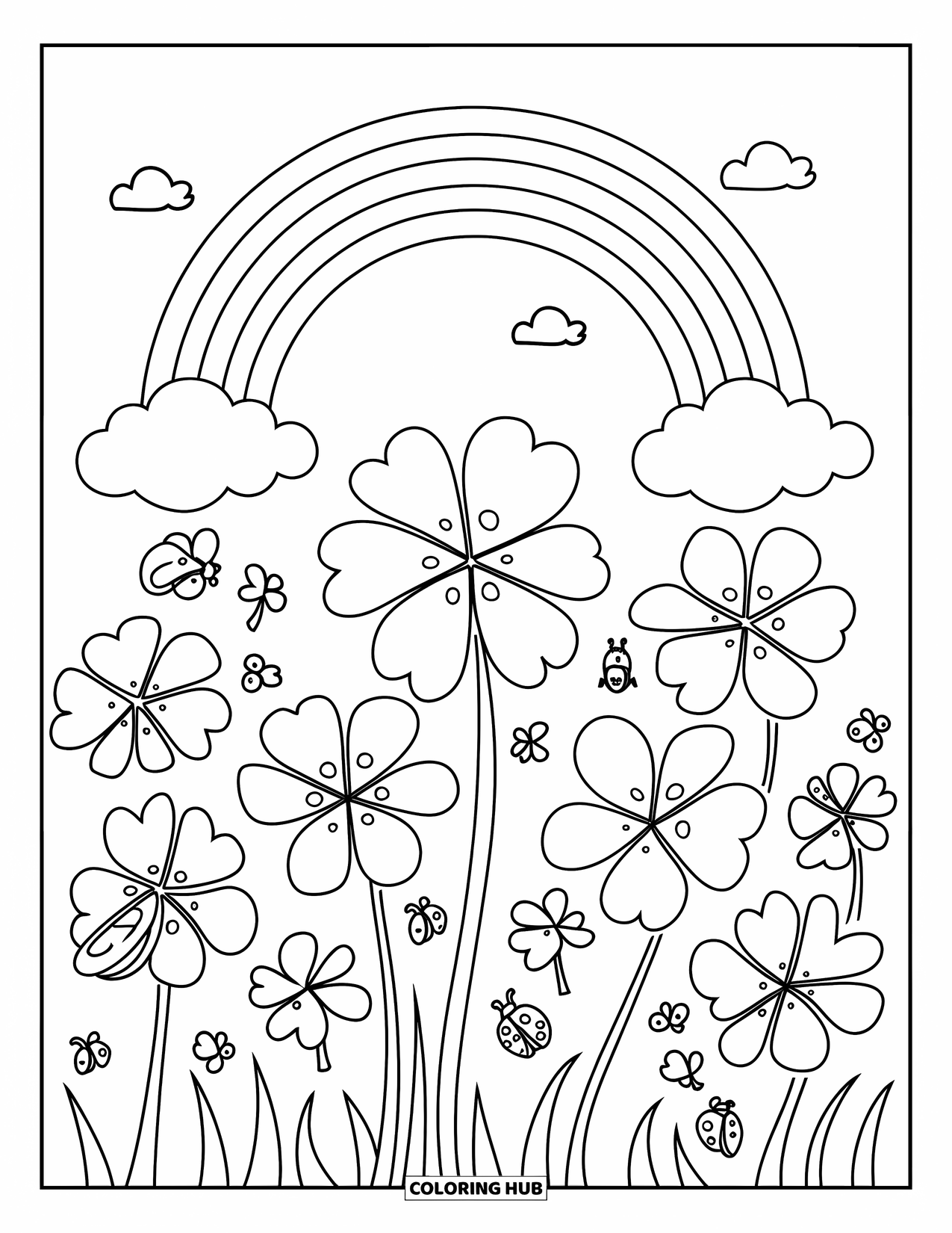 March Coloring Page for Kids: Clover field sparkles with ladybugs and a rainbow in the sky