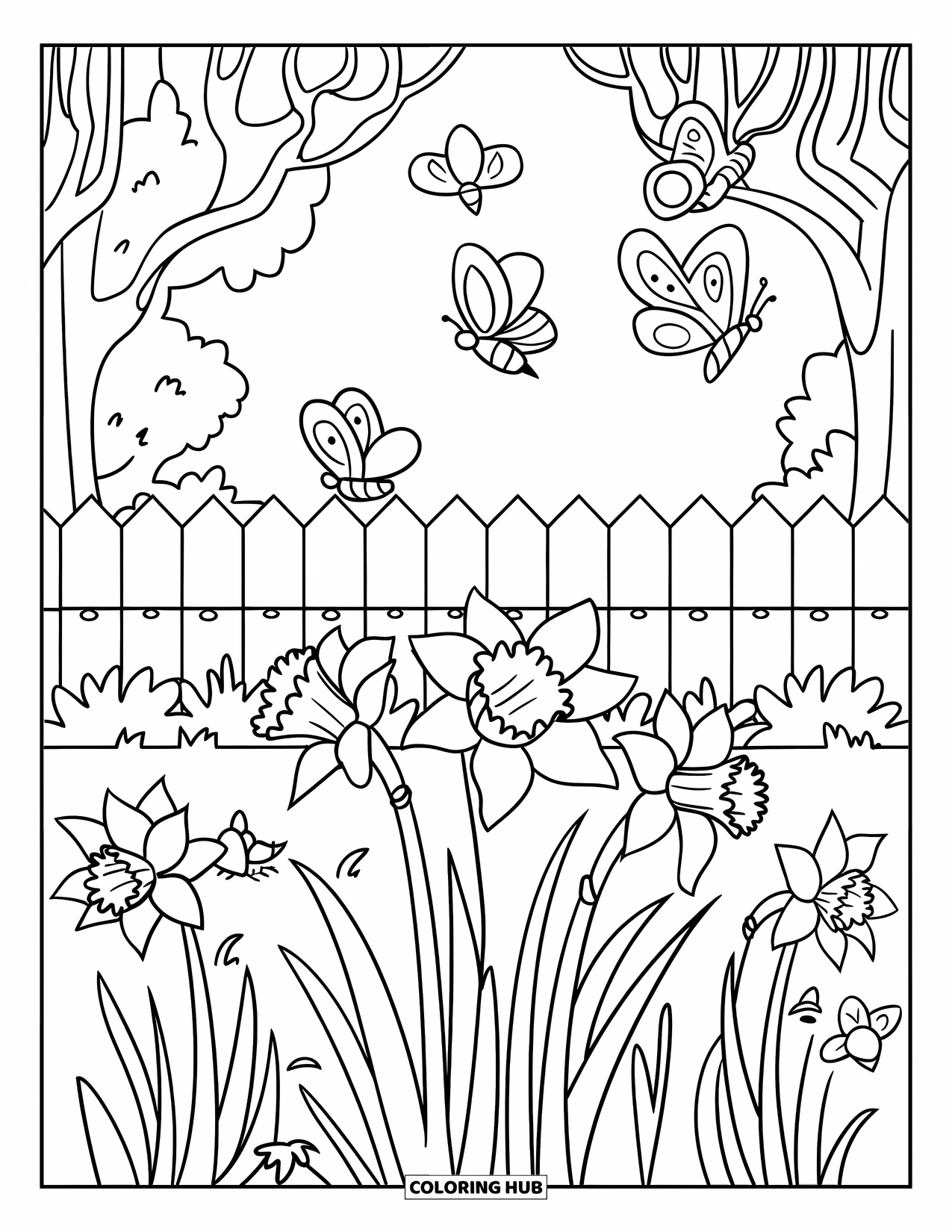March Coloring Page for Kids: Daffodils bloom as bees and butterflies flutter in a fenced garden