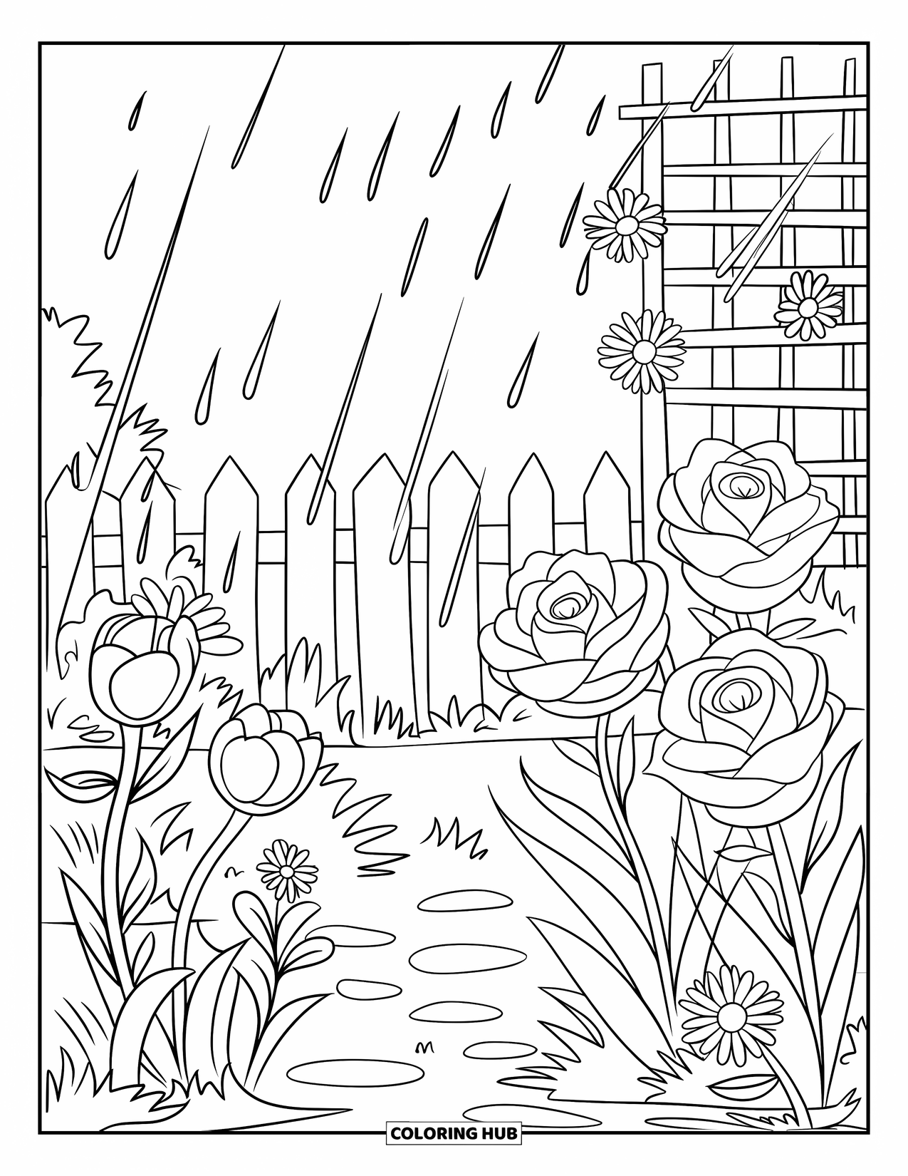 March Coloring Page for Kids: Flowers bloom in the rain near a fence and trellis