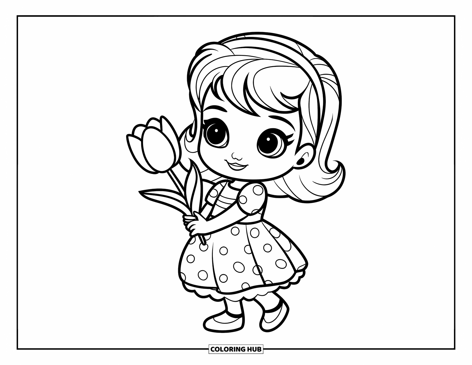 March Coloring Page for Kids: Girl in a polka-dot dress holds a tulip with a big smile
