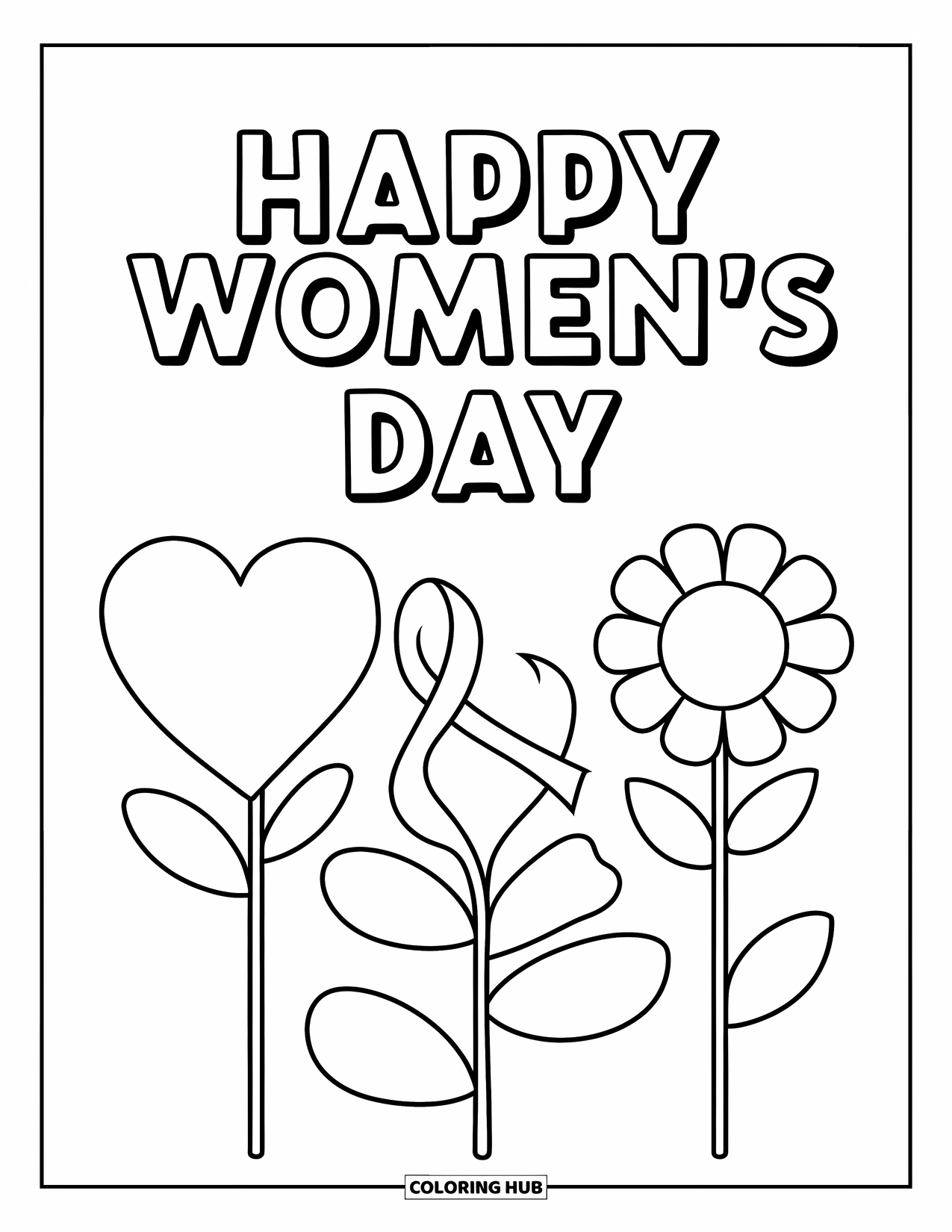 March Coloring Page for Kids: Hearts, flowers, and the phrase "Happy Women's Day" fill this celebratory design