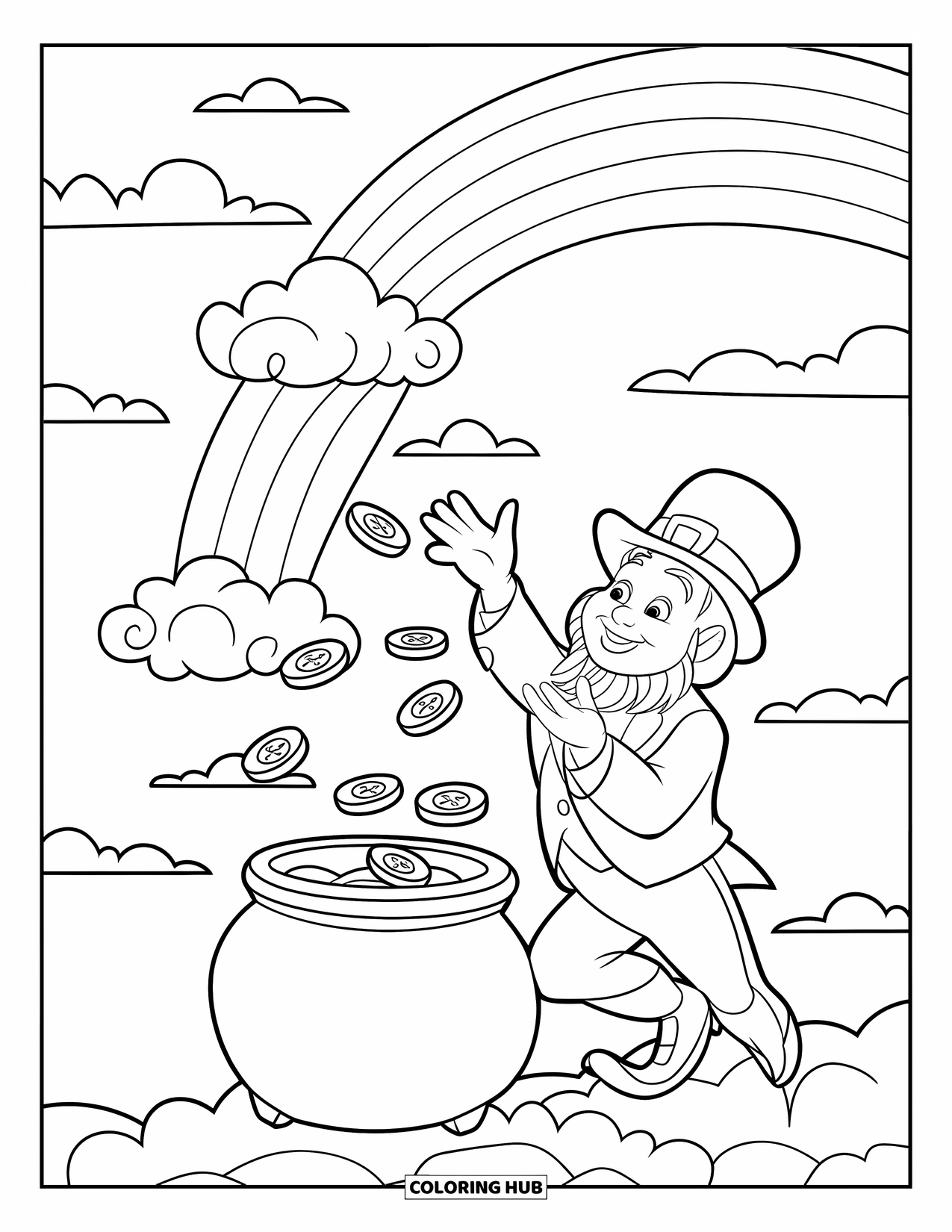 March Coloring Page for Kids: Leprechaun in a hat tosses coins into a rainbow pot