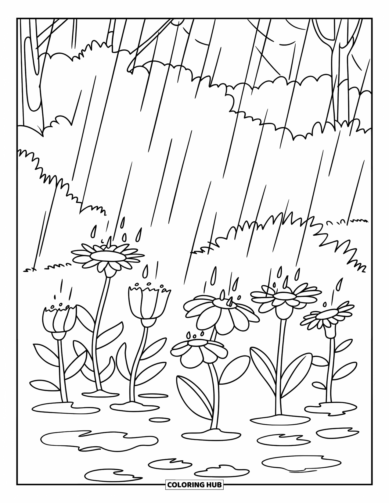 March Coloring Page for Kids: Rain falls gently on garden flowers with puddles and trees around