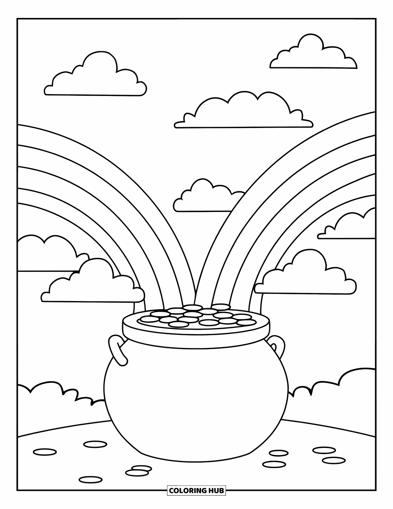March Coloring Page for Kids: Rainbow ends with a pot of gold on a rock