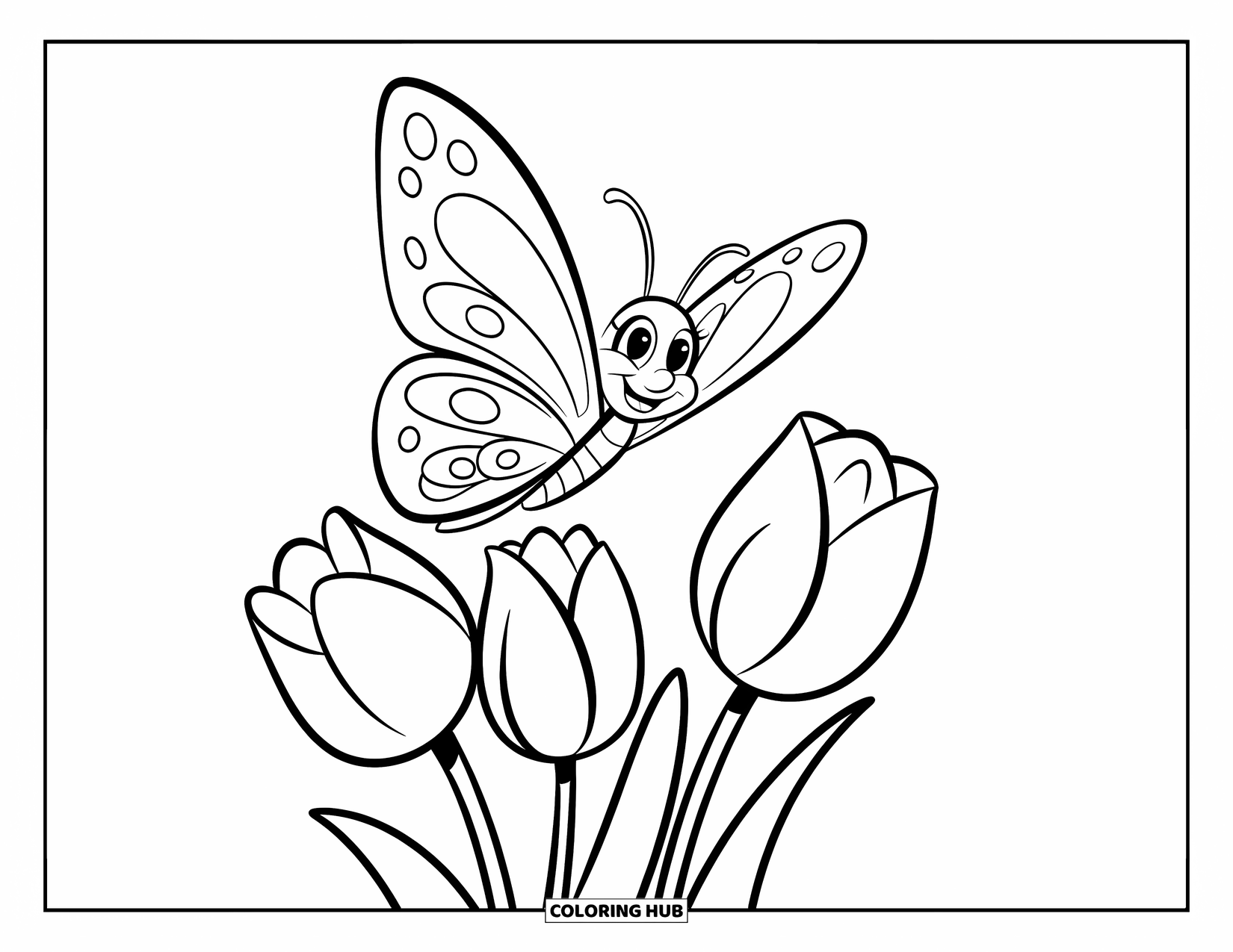 March Coloring Page for Kids: Smiling butterfly hovers above tulips in a sweet, simple scene
