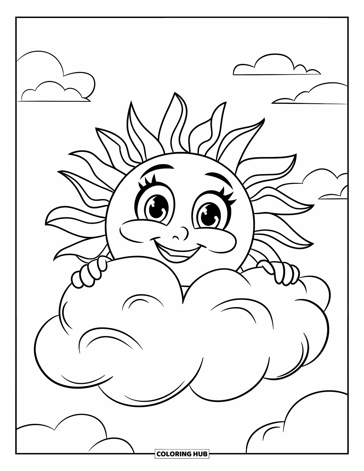 March Coloring Page for Kids: Smiling sun peeks out from behind a fluffy cloud