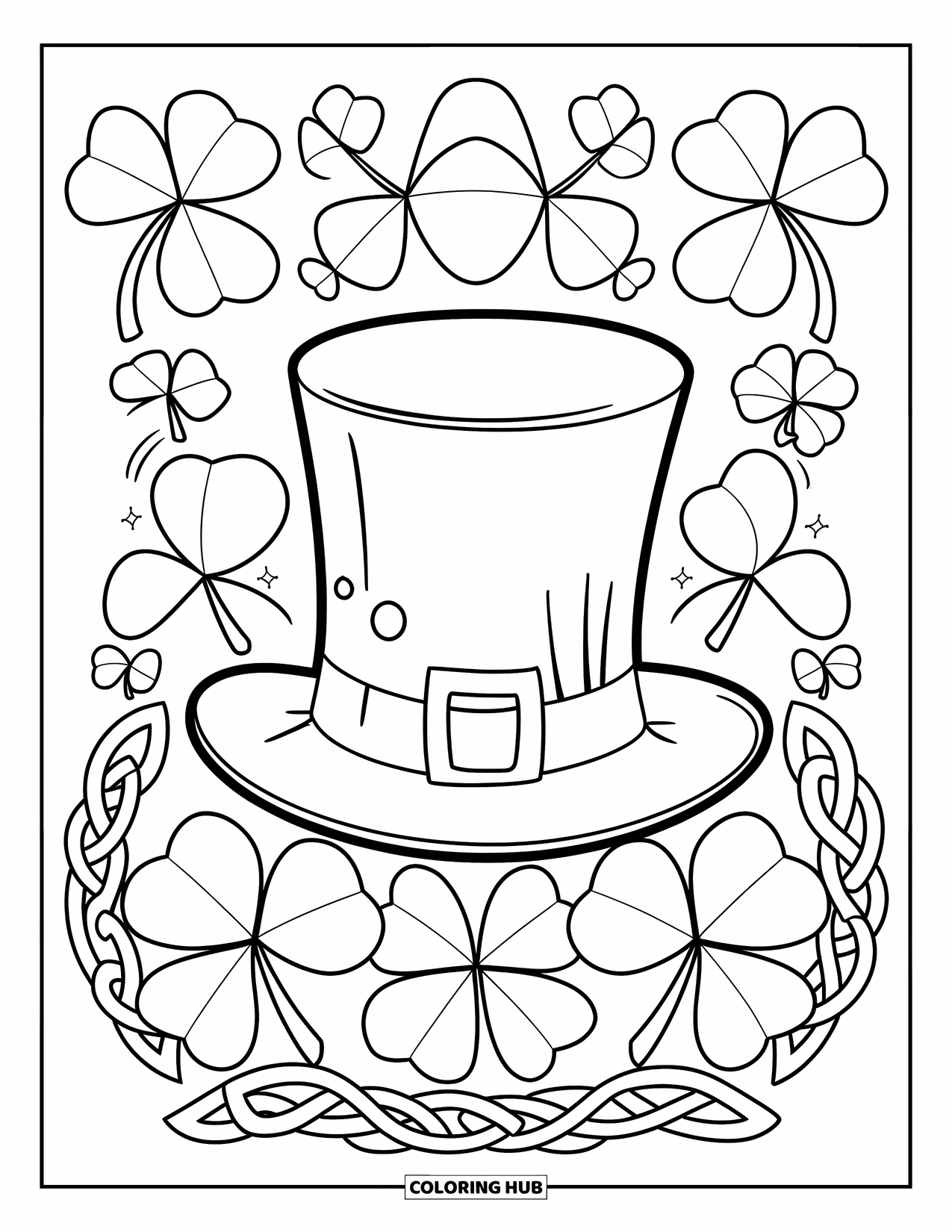 March Coloring Page for Kids: Stylized leprechaun hat framed by clovers and Celtic knot designs