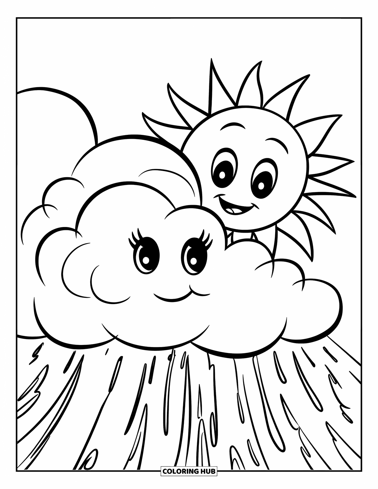 March Coloring Page for Kids: Sun with a round face smiles behind a puffy cloud