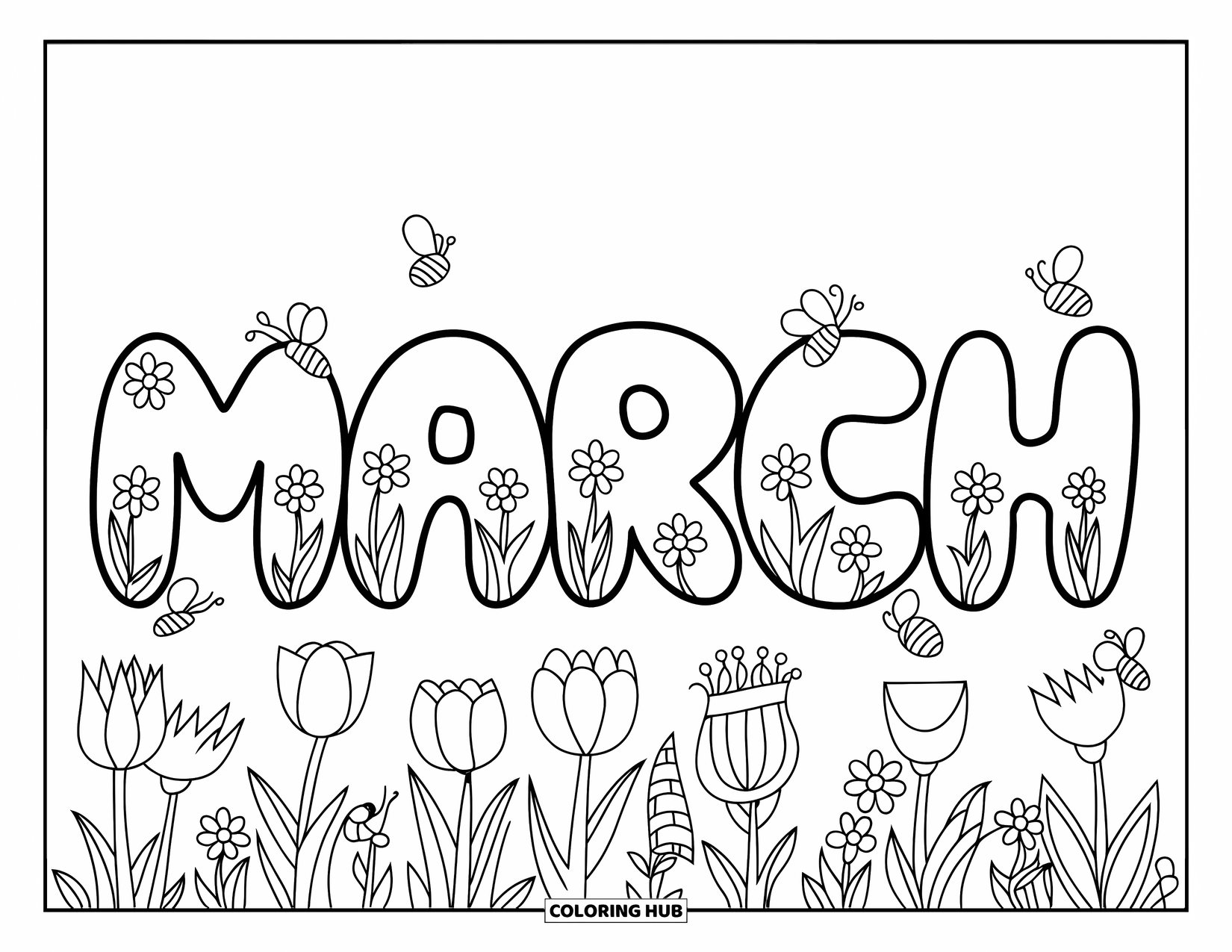 March Coloring Page for Kids: The word "March" is filled with flowers, bees, and butterflies in bloom
