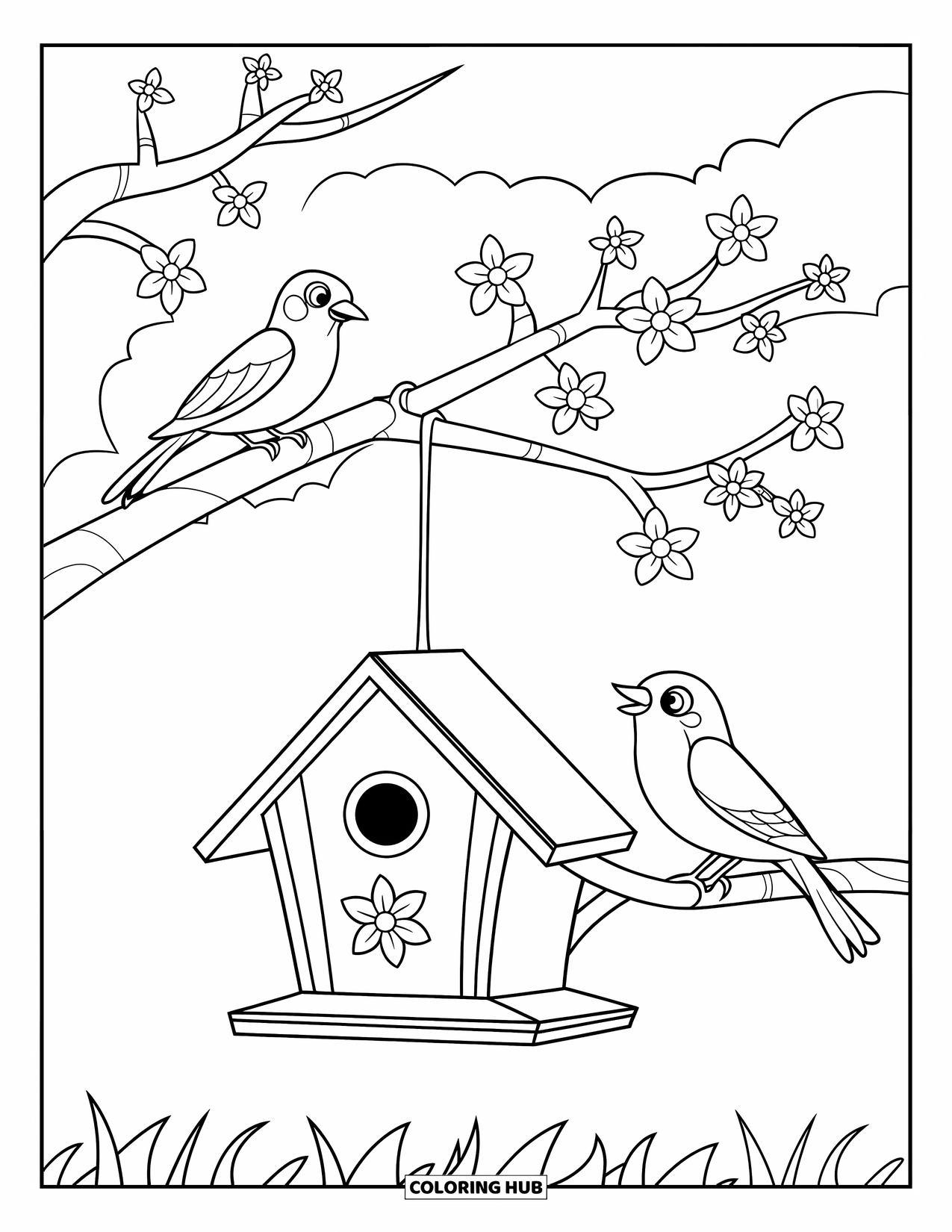 March Coloring Page for Kids: Two birds perch near a hanging birdhouse on a blooming tree