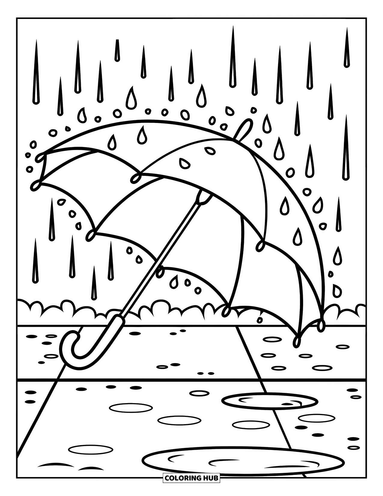 March Coloring Page for Kids: Umbrella sits open on the sidewalk with rain falling softly