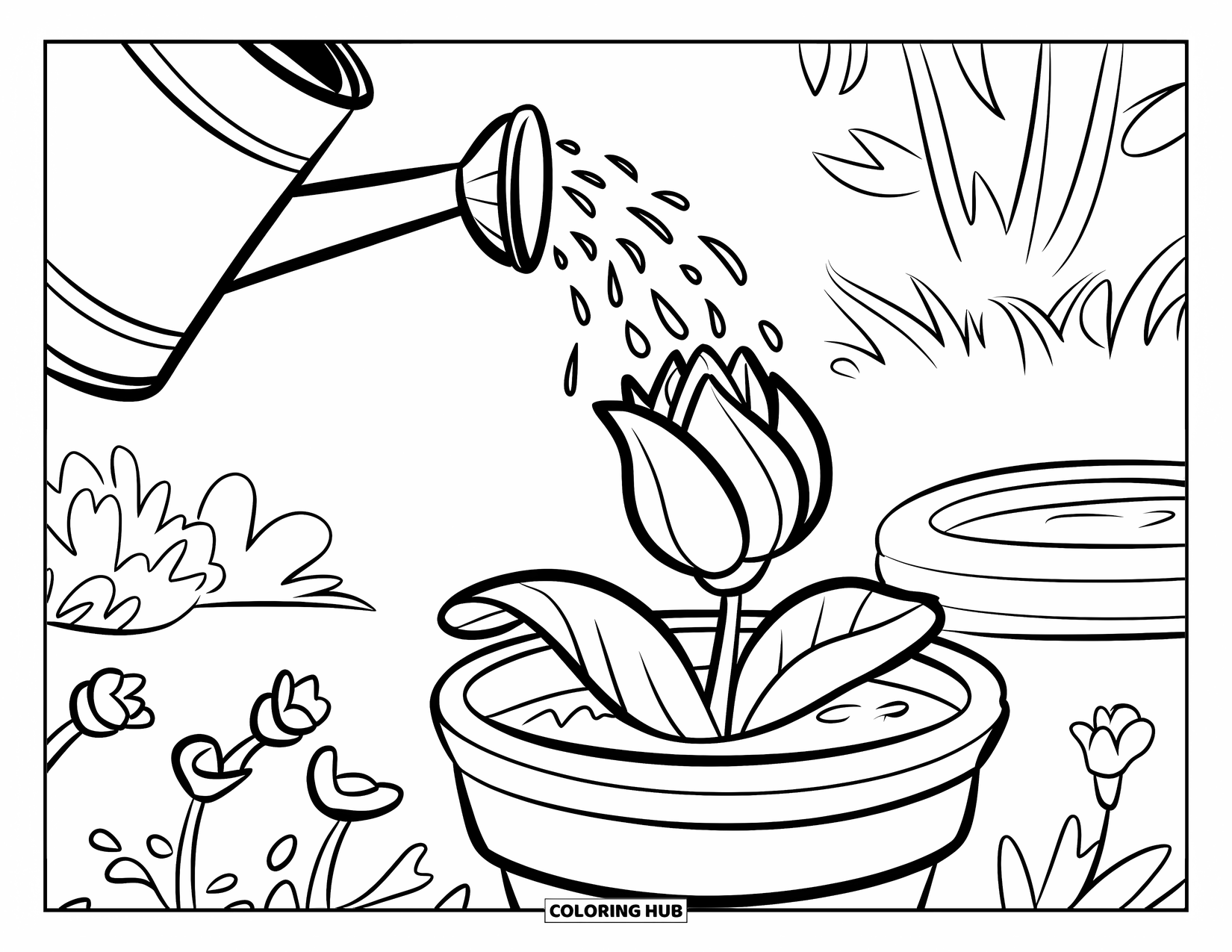 March Coloring Page for Kids: Water pours onto a budding flower in a peaceful garden pot