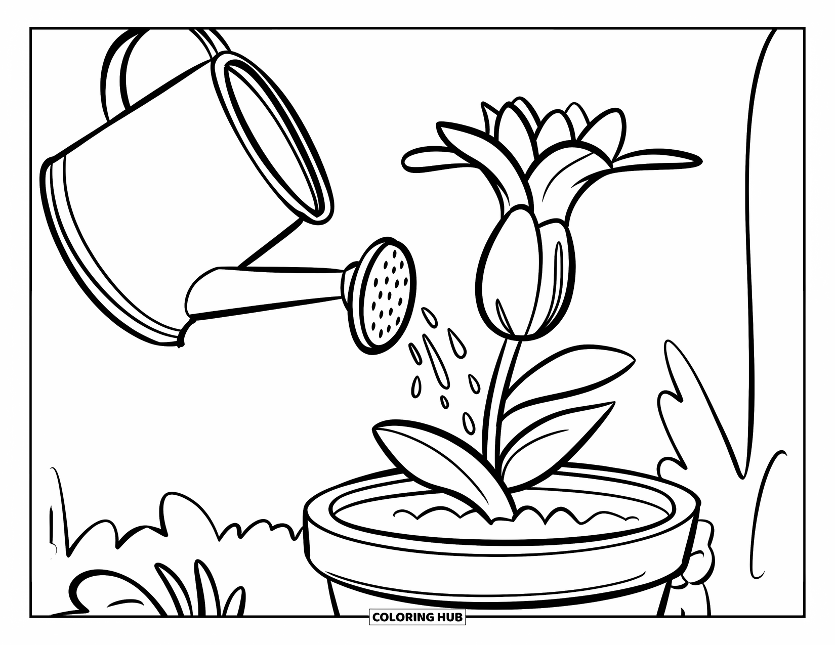 March Coloring Page for Kids: Watering can pours onto a flower bud with a curious bunny nearby