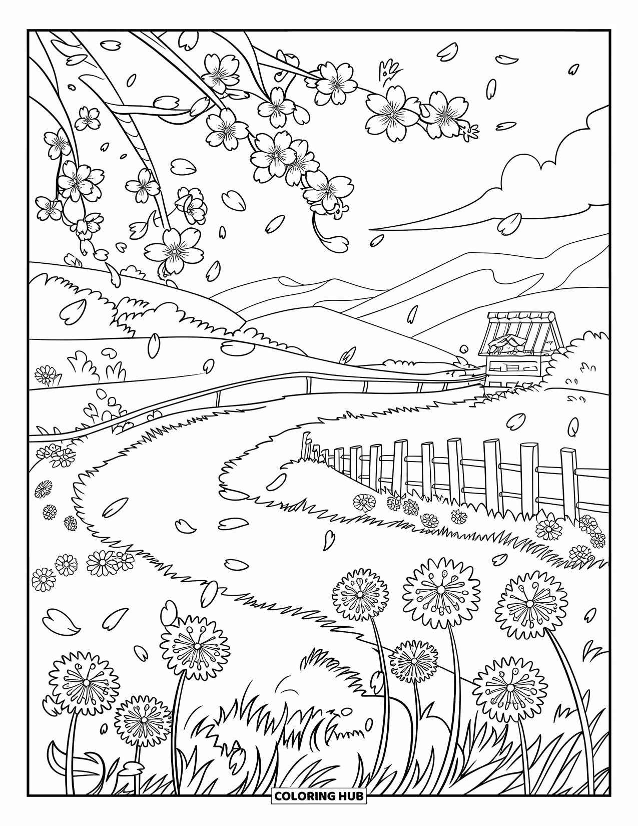 March Coloring Page for Kids: Winding path through spring blooms leads to a small house in a mountain view