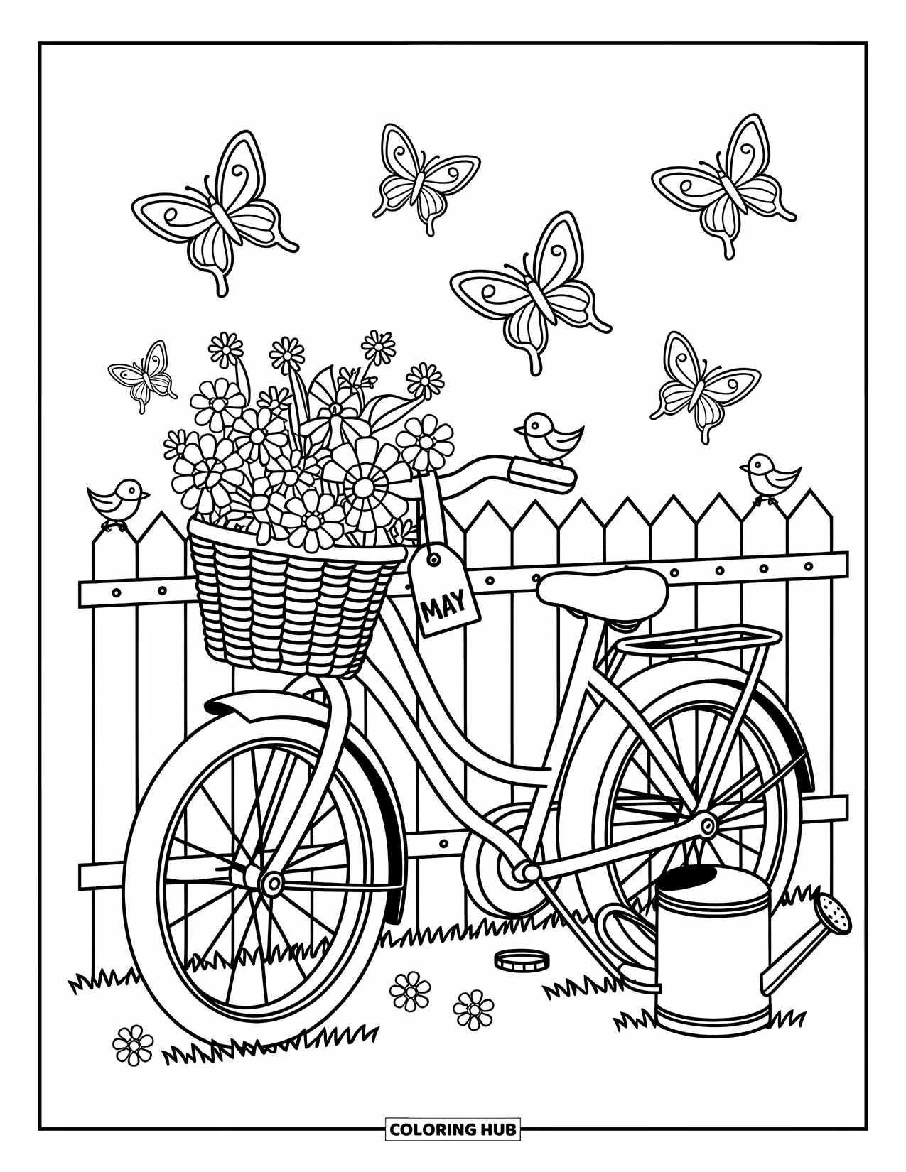 May Coloring Page for Adults: A charming bike with flowers, a "May" tag, butterflies, and little birds on the fence