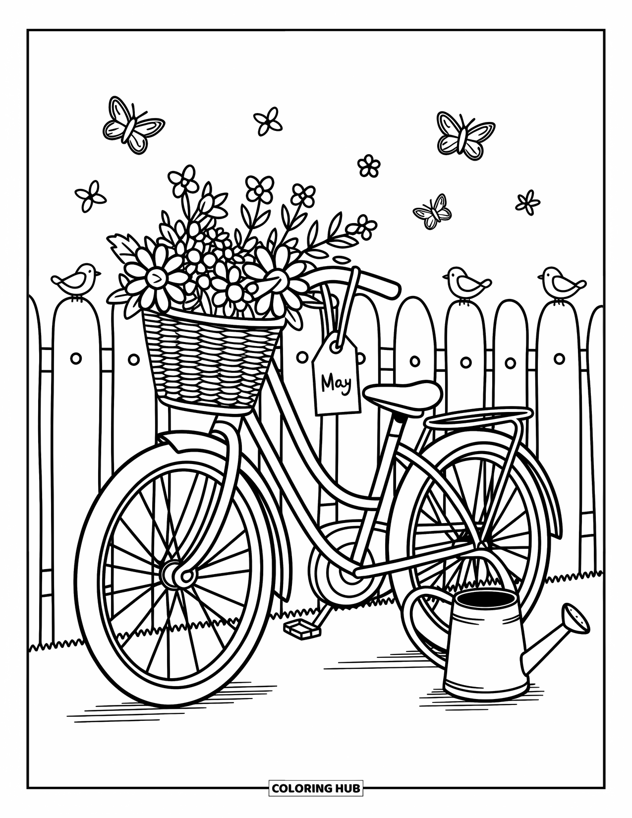 May Coloring Page for Adults: A flower basket bike near a picket fence with butterflies, birds, and a watering can
