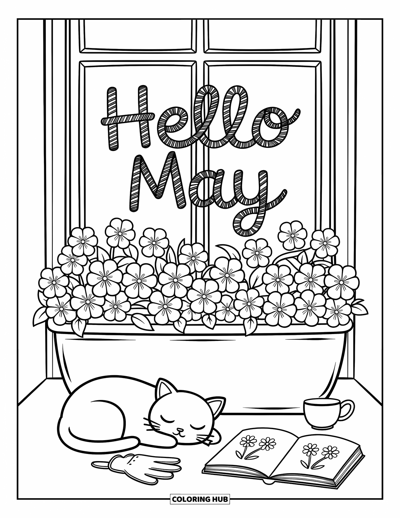 May Coloring Page for Adults: A planter box of pansies by a window reads "Hello May" beside a napping cat