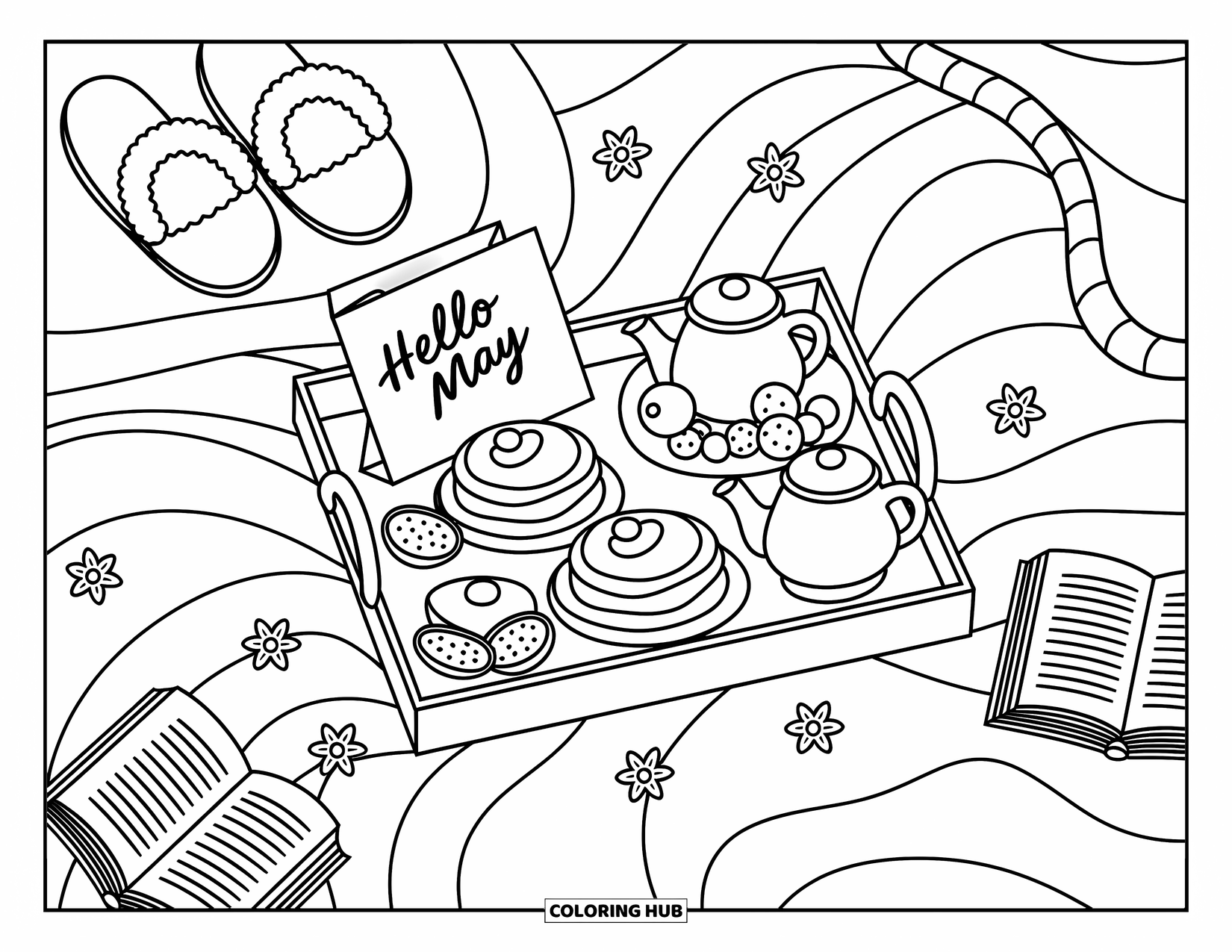 May Coloring Page for Adults: A soft bed with breakfast, slippers, petals, and a card that says "Hello May"