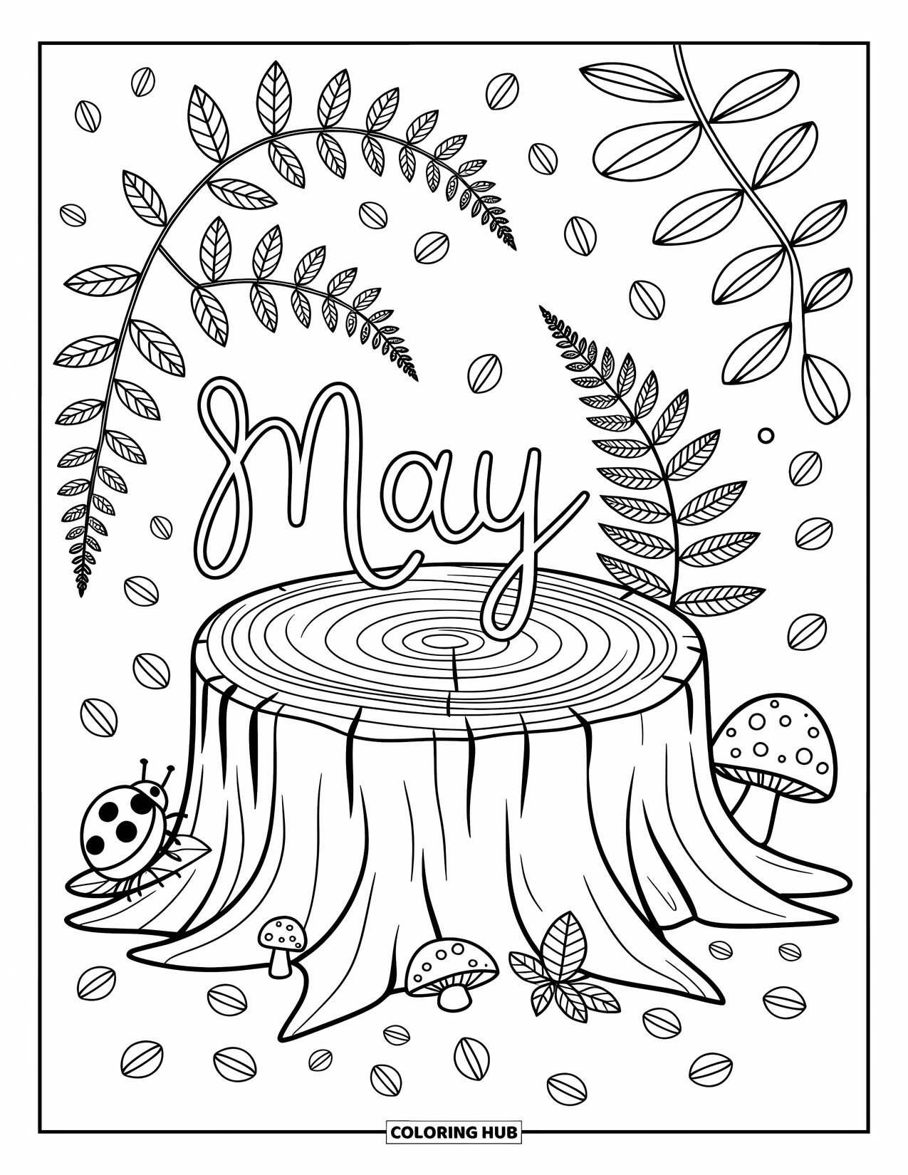 May Coloring Page for Adults: A stump engraved with "May" surrounded by ferns, mushrooms, petals, and a tiny ladybug