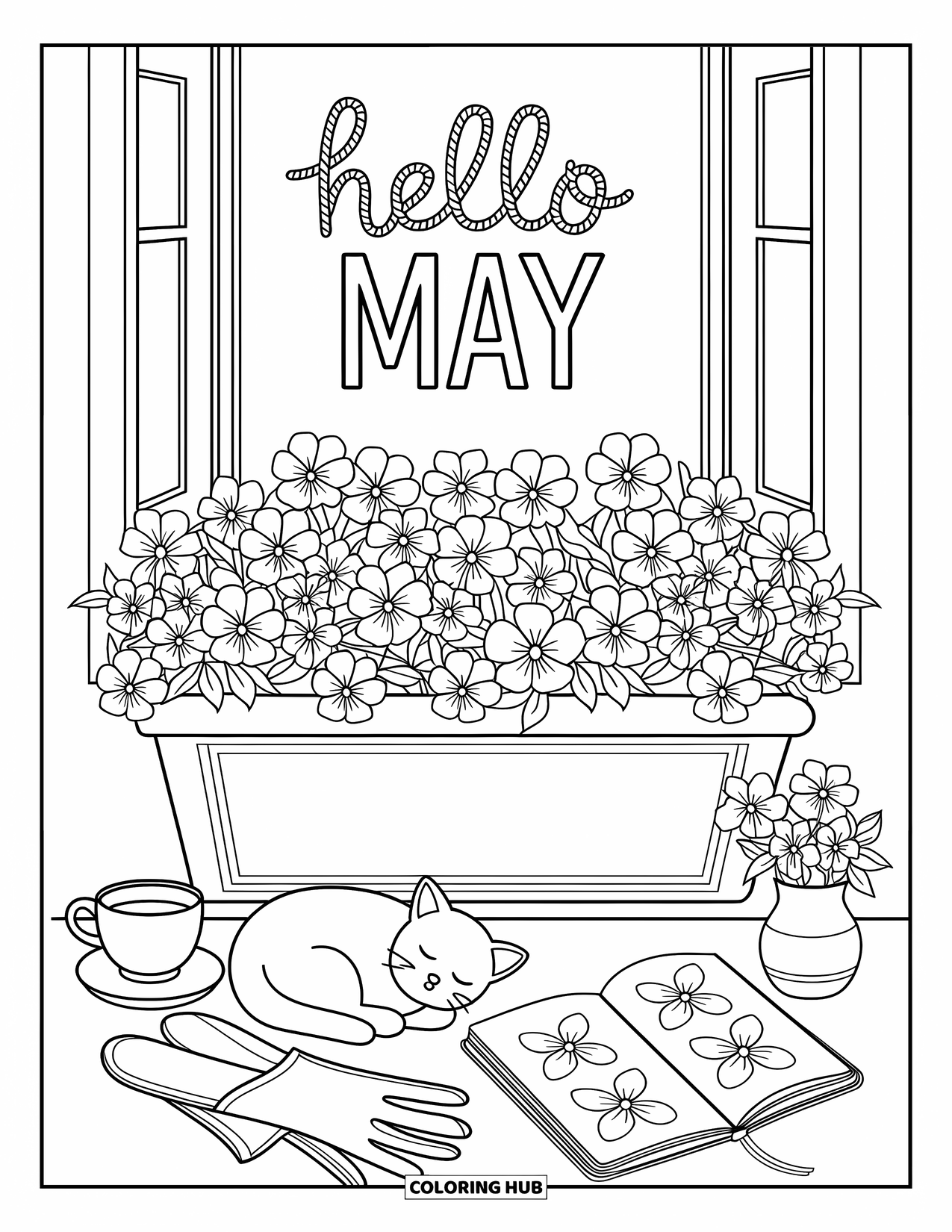 May Coloring Page for Adults: A sunny windowsill with pansies, a snoozing cat, teacup, and "Hello May" message