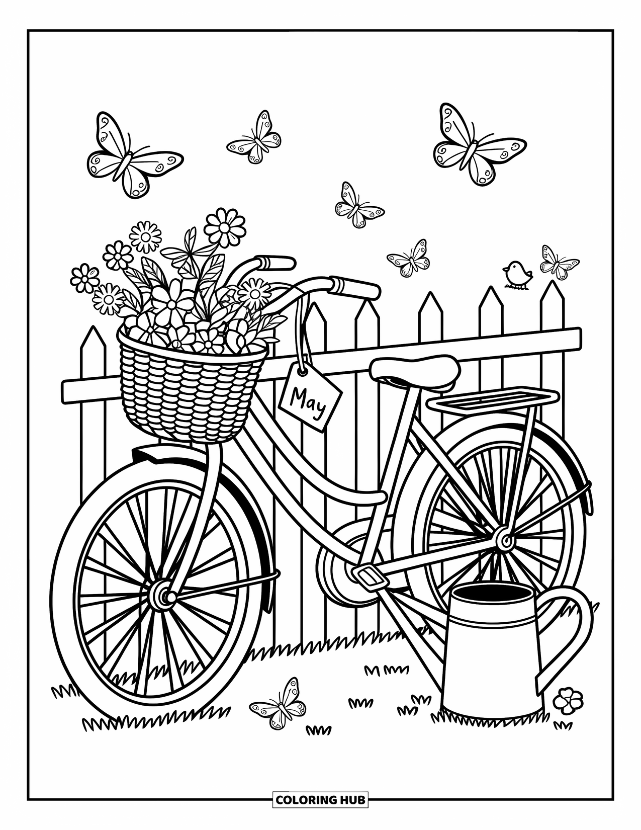 May Coloring Page for Adults: A whimsical bike with a floral basket, "May" tag, birds, butterflies, and garden charm