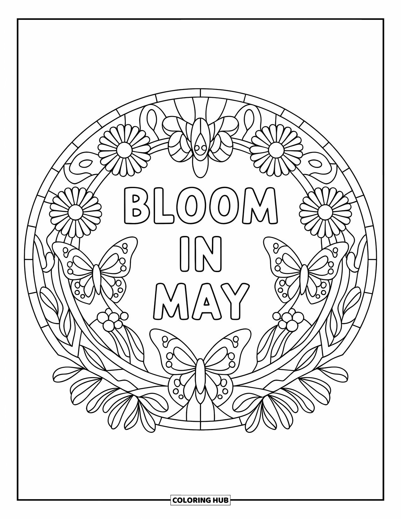 May Coloring Page for Adults: "Bloom in May" inside a floral stained glass circle of daisies and butterflies