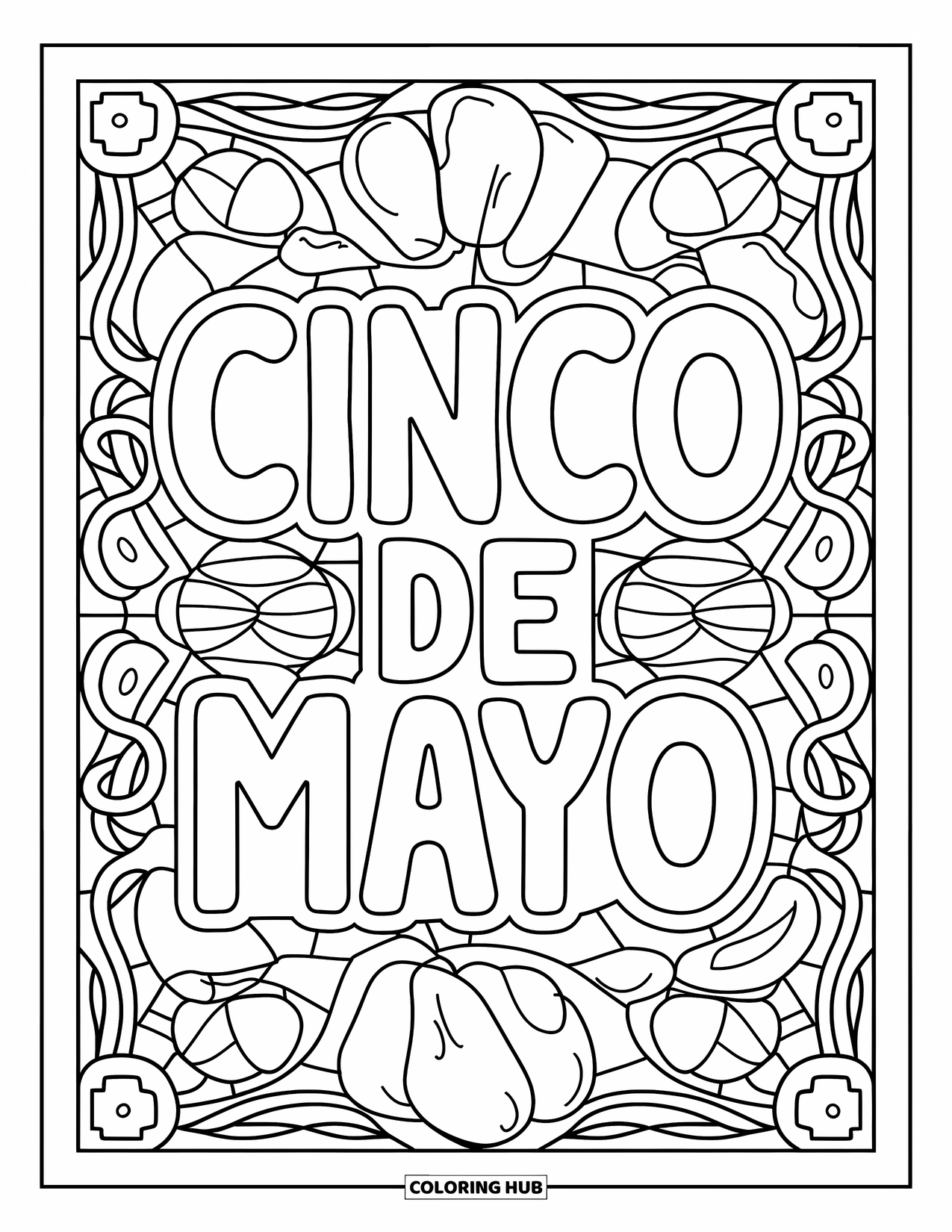 May Coloring Page for Adults: "Cinco de Mayo" inside a stained glass-style border with peppers, flowers, and maracas