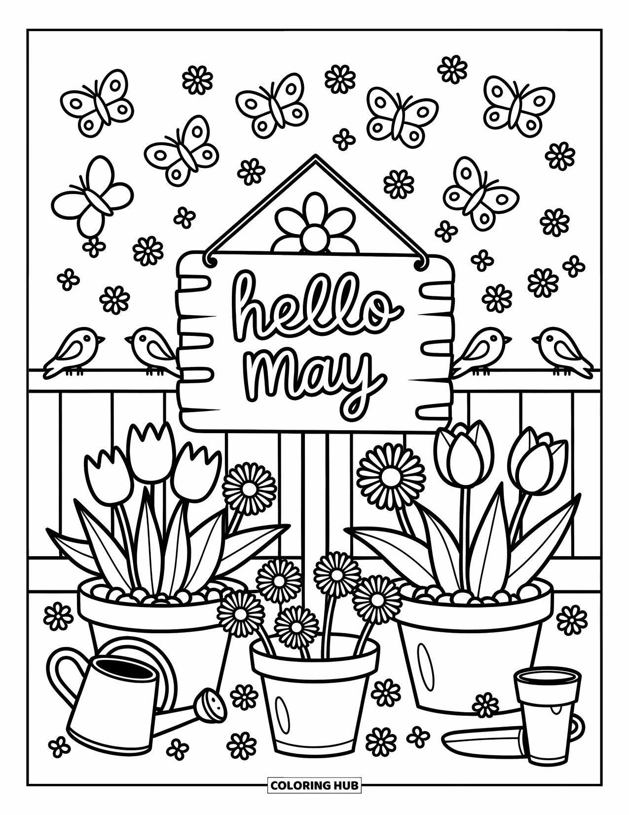 May Coloring Page for Adults: Flower pots with tulips and a "Hello May" sign sit among butterflies and garden tools