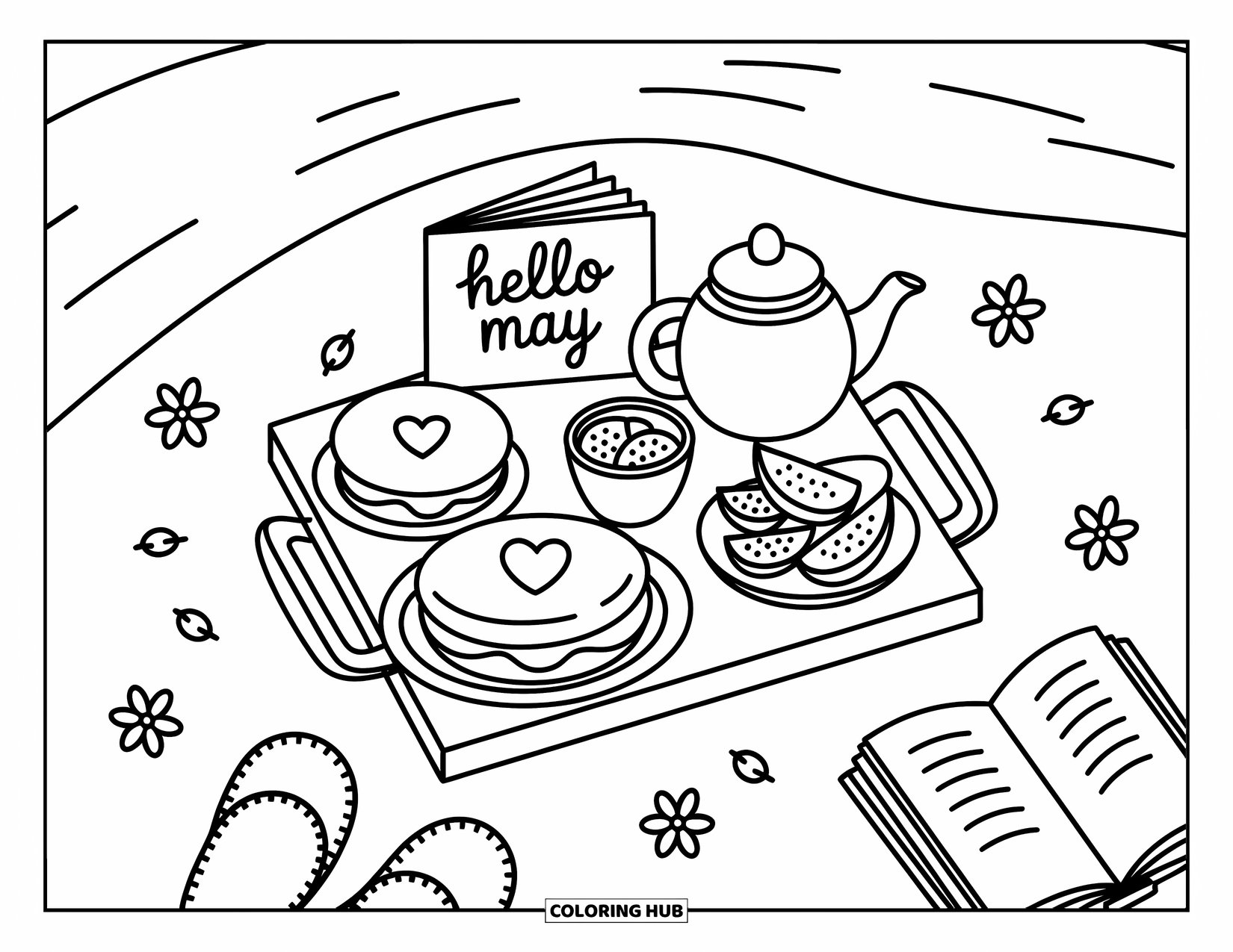 May Coloring Page for Adults: Fluffy pancakes and tea on a cozy bed with slippers and scattered flower petals