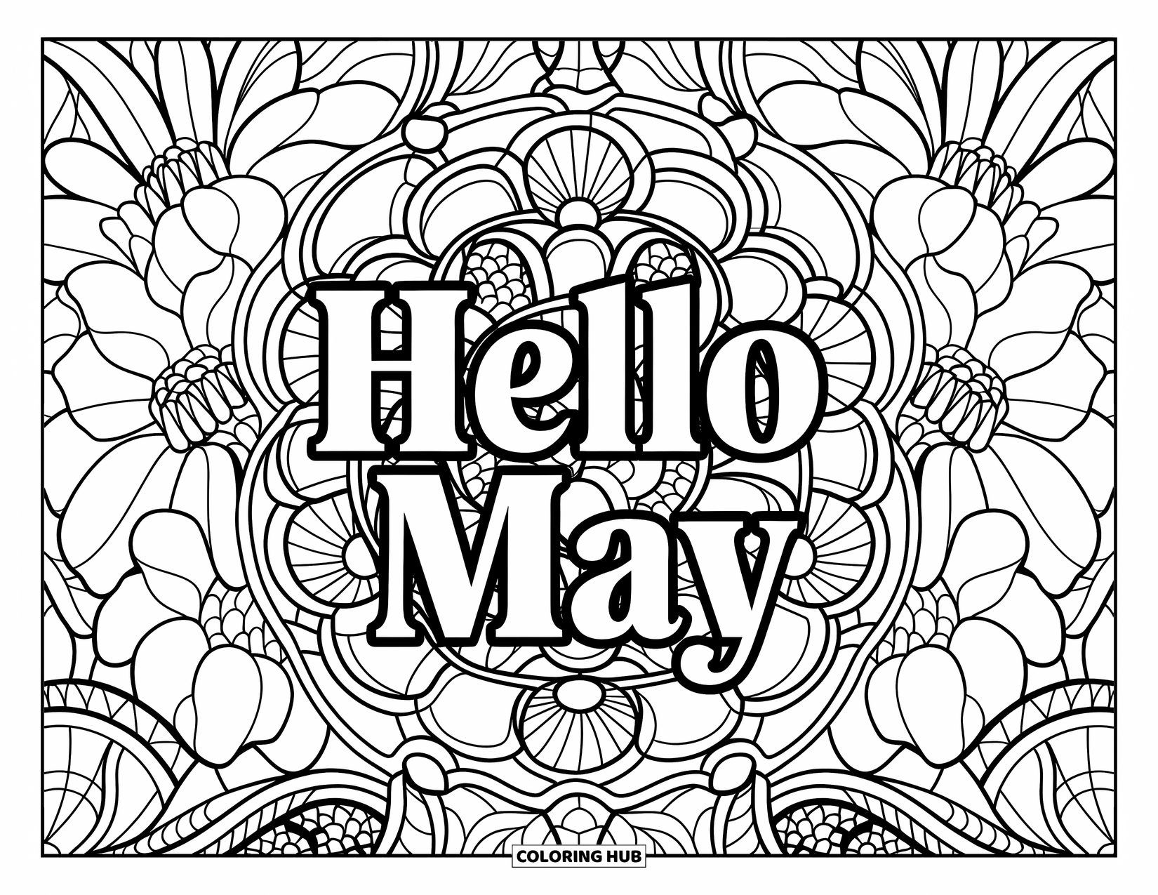 May Coloring Page for Adults: "Hello May" surrounded by a stained glass floral design with artistic patterns