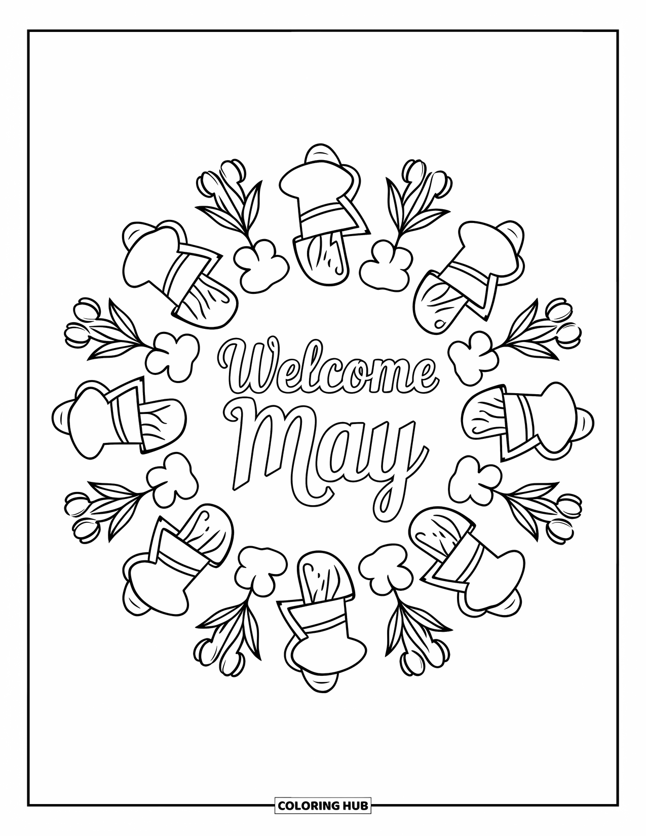 May Coloring Page for Adults: Mandala of tulips and watering cans around "Welcome May" in graceful lettering