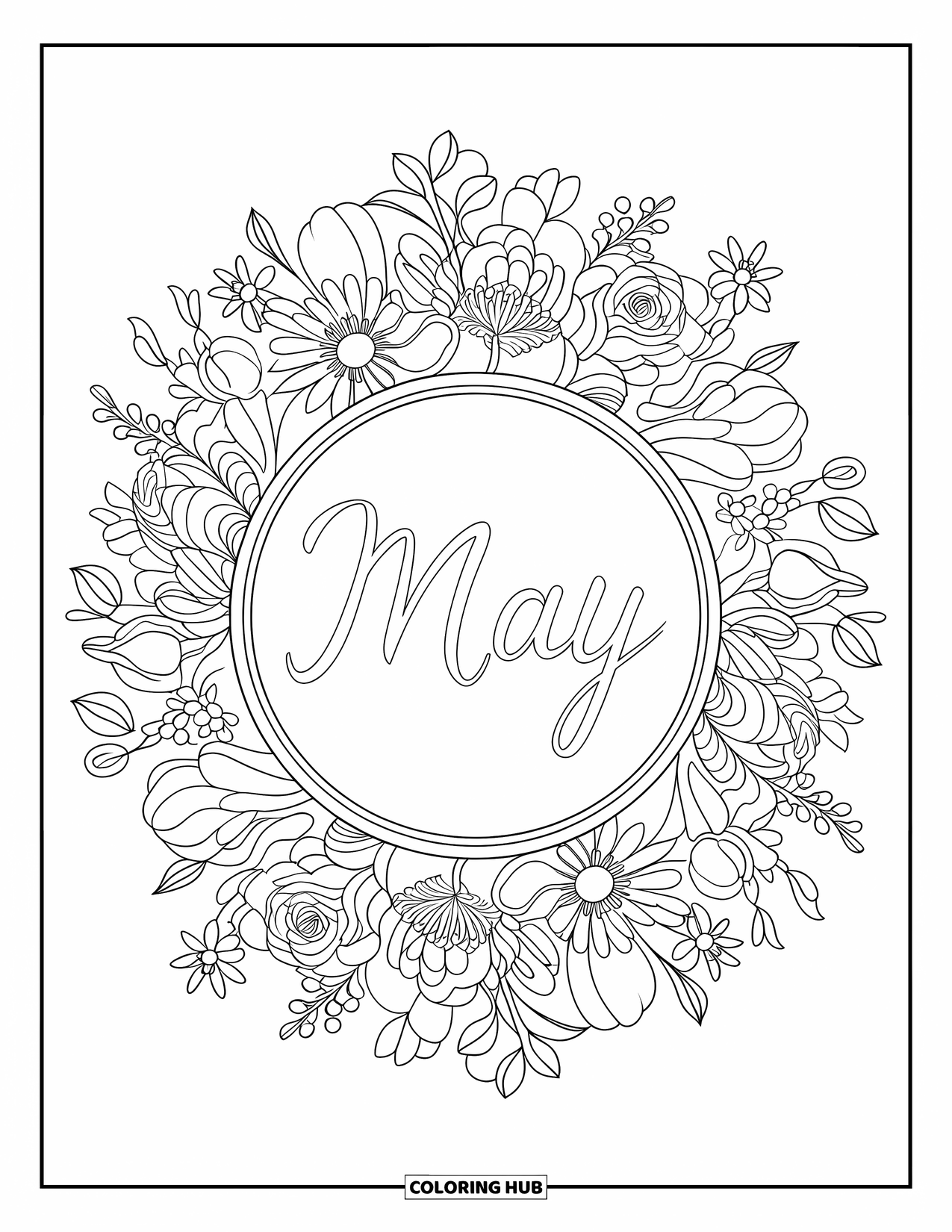 May Coloring Page for Adults: "May" written in cursive and framed by blooming spring flowers in a mandala