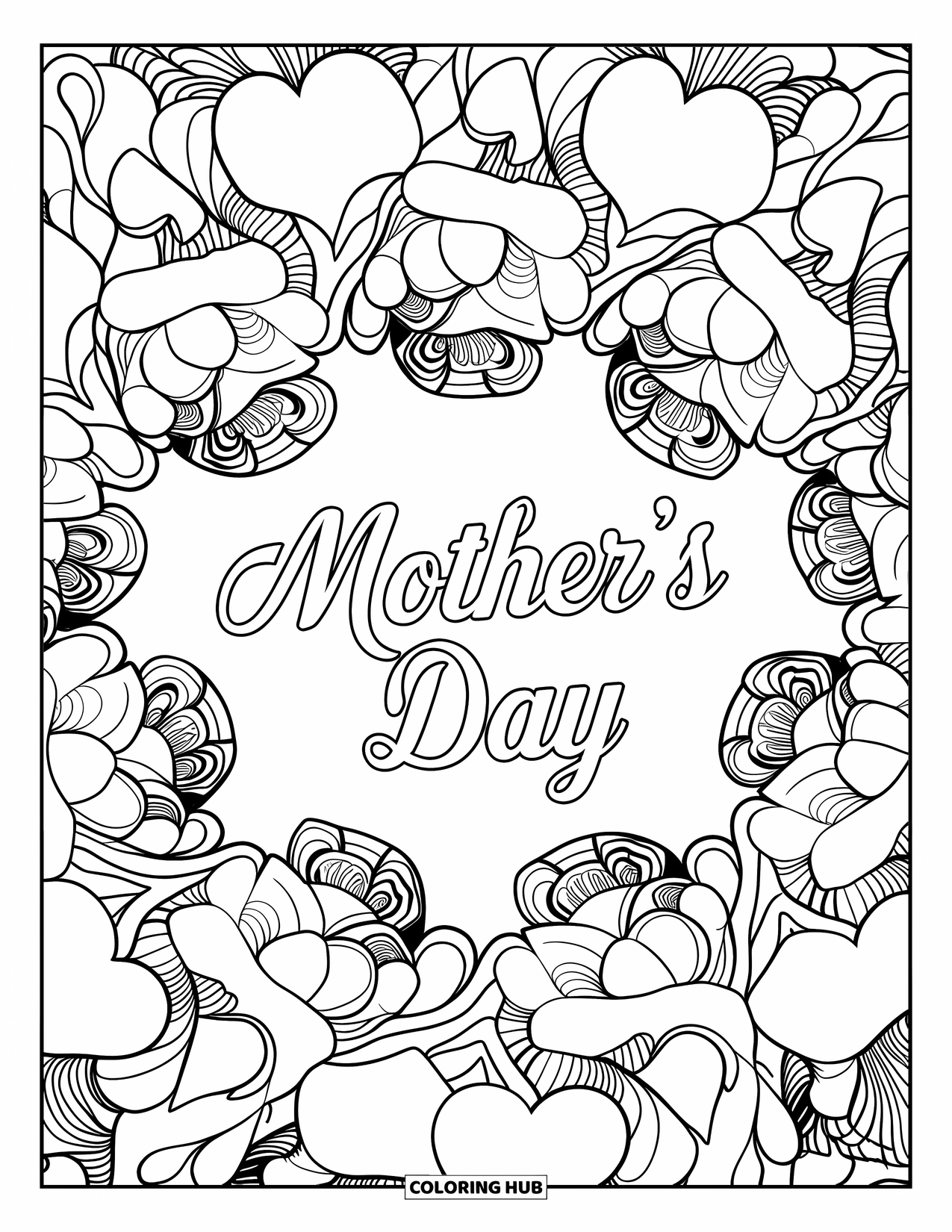May Coloring Page for Adults: "Mother's Day" sits at the center of a rose and heart-filled mandala