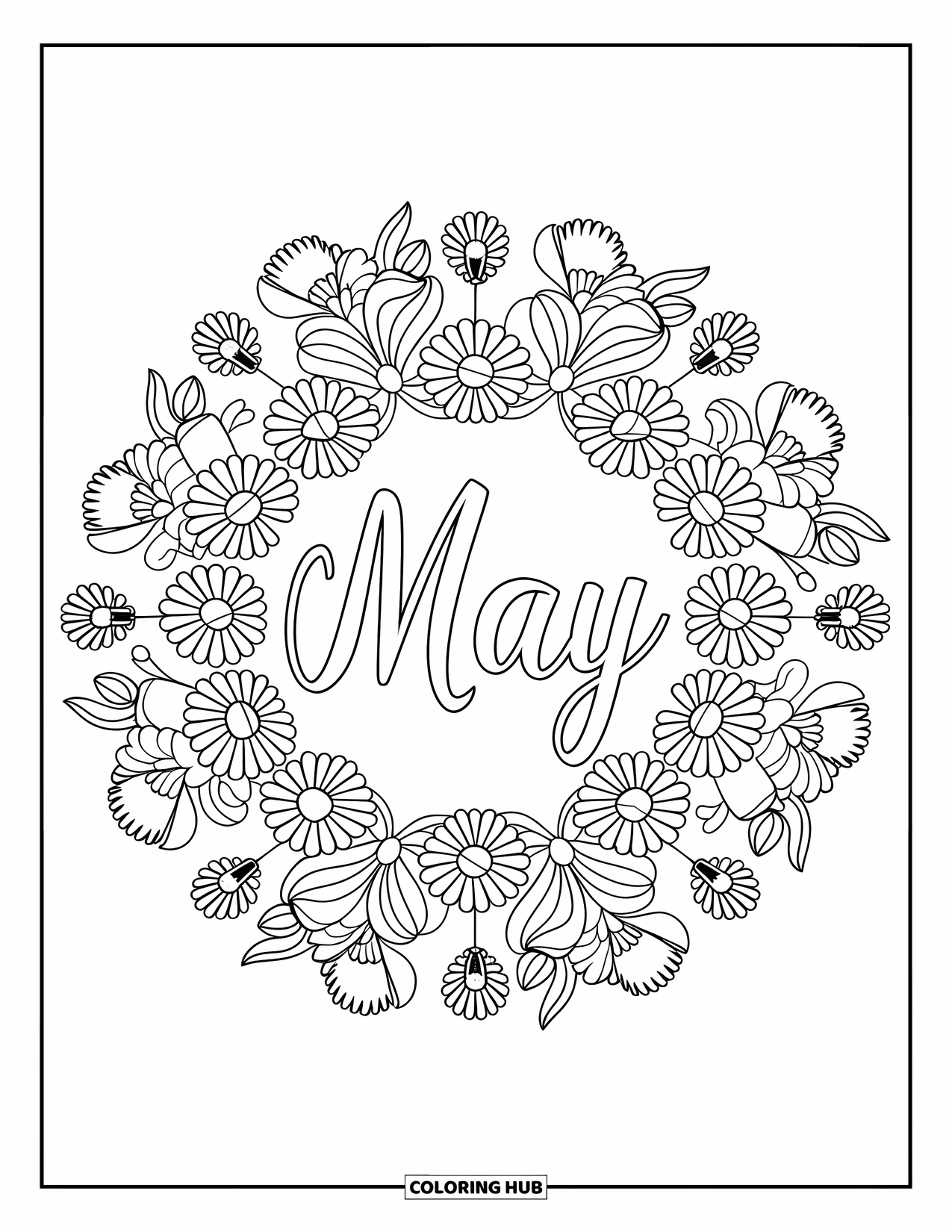 May Coloring Page for Adults: Spring flower mandala surrounding the word "May" in graceful cursive