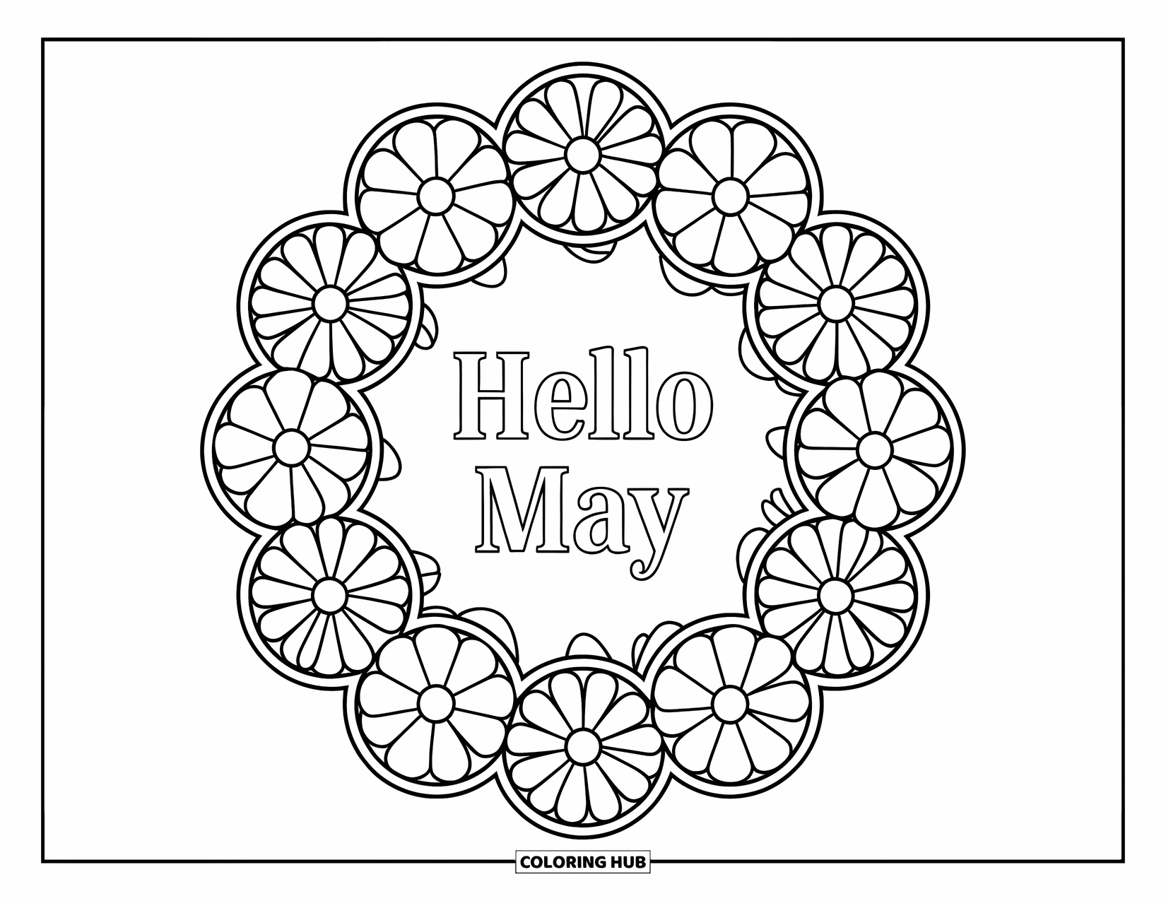 May Coloring Page for Adults: Stained glass-style rose window with "Hello May" in the center