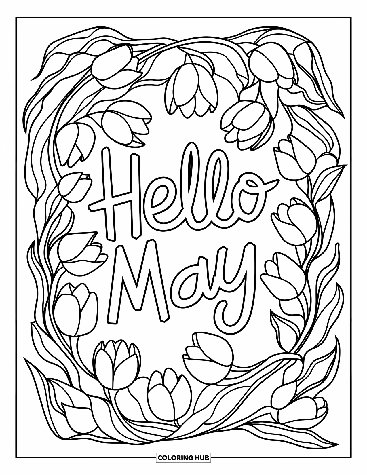 May Coloring Page for Adults: Tulips and vines surround playful "Hello May" in a stained glass design