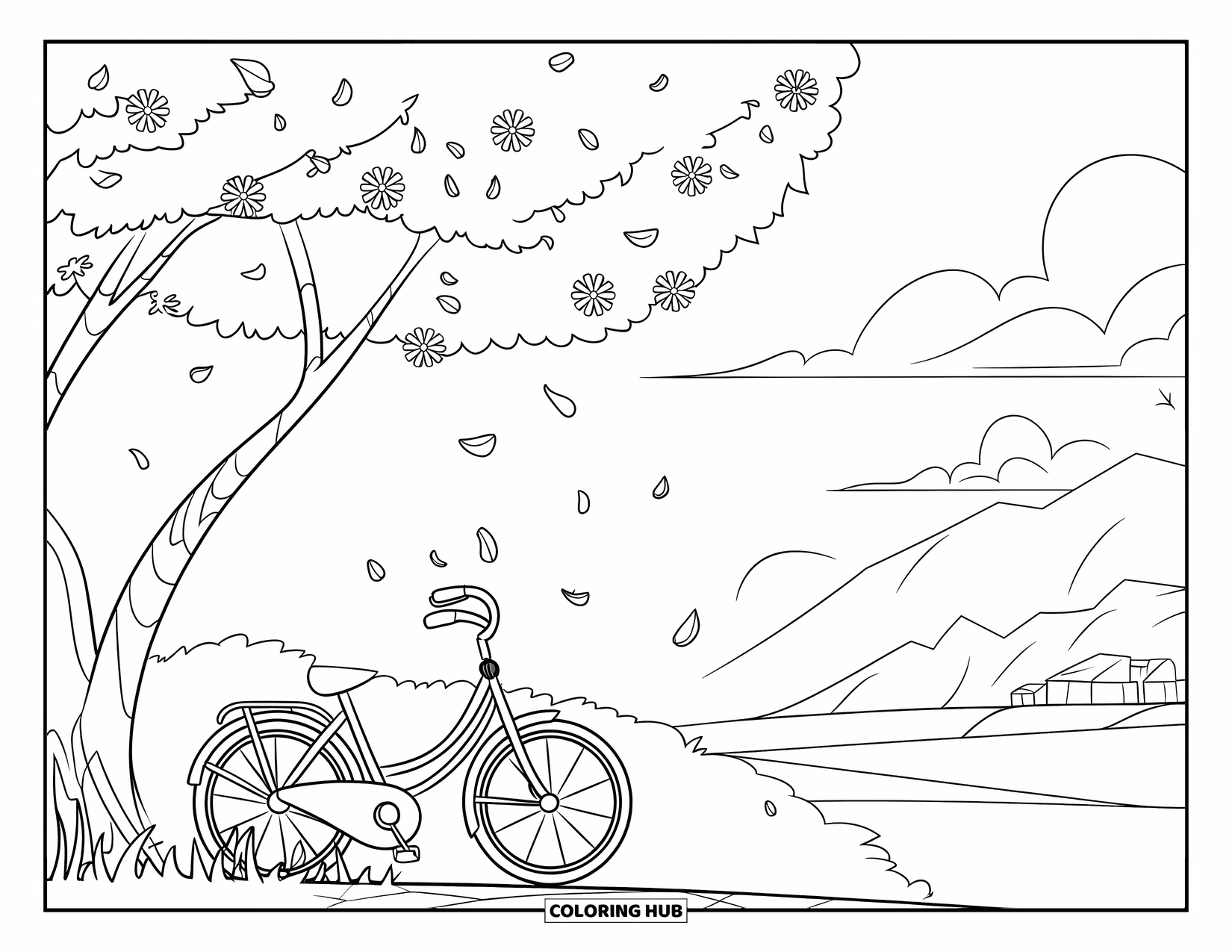 May Coloring Page for Kids: A bicycle and tree stand together in a peaceful, petal-filled meadow