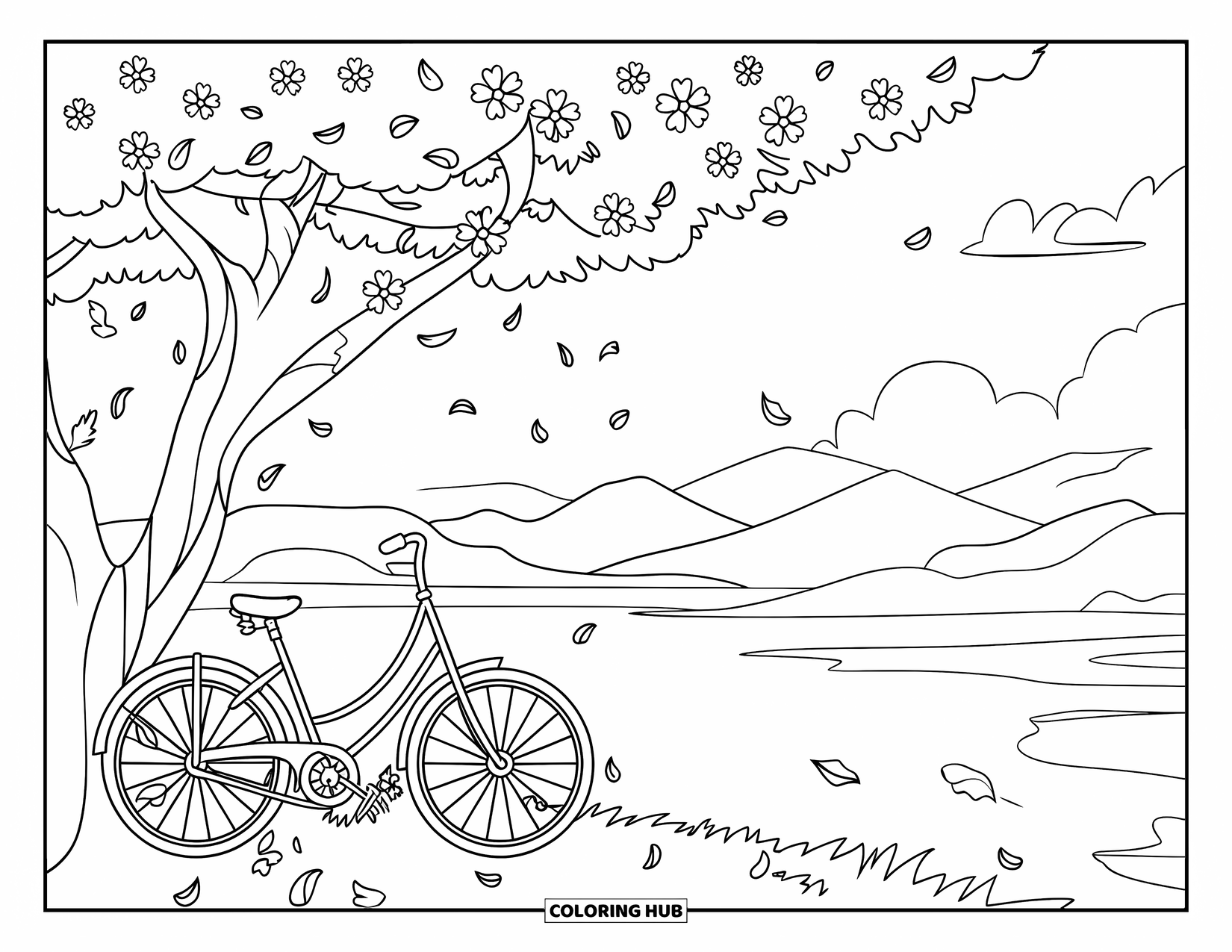 May Coloring Page for Kids: A bicycle leans against a blooming tree as petals fall around it